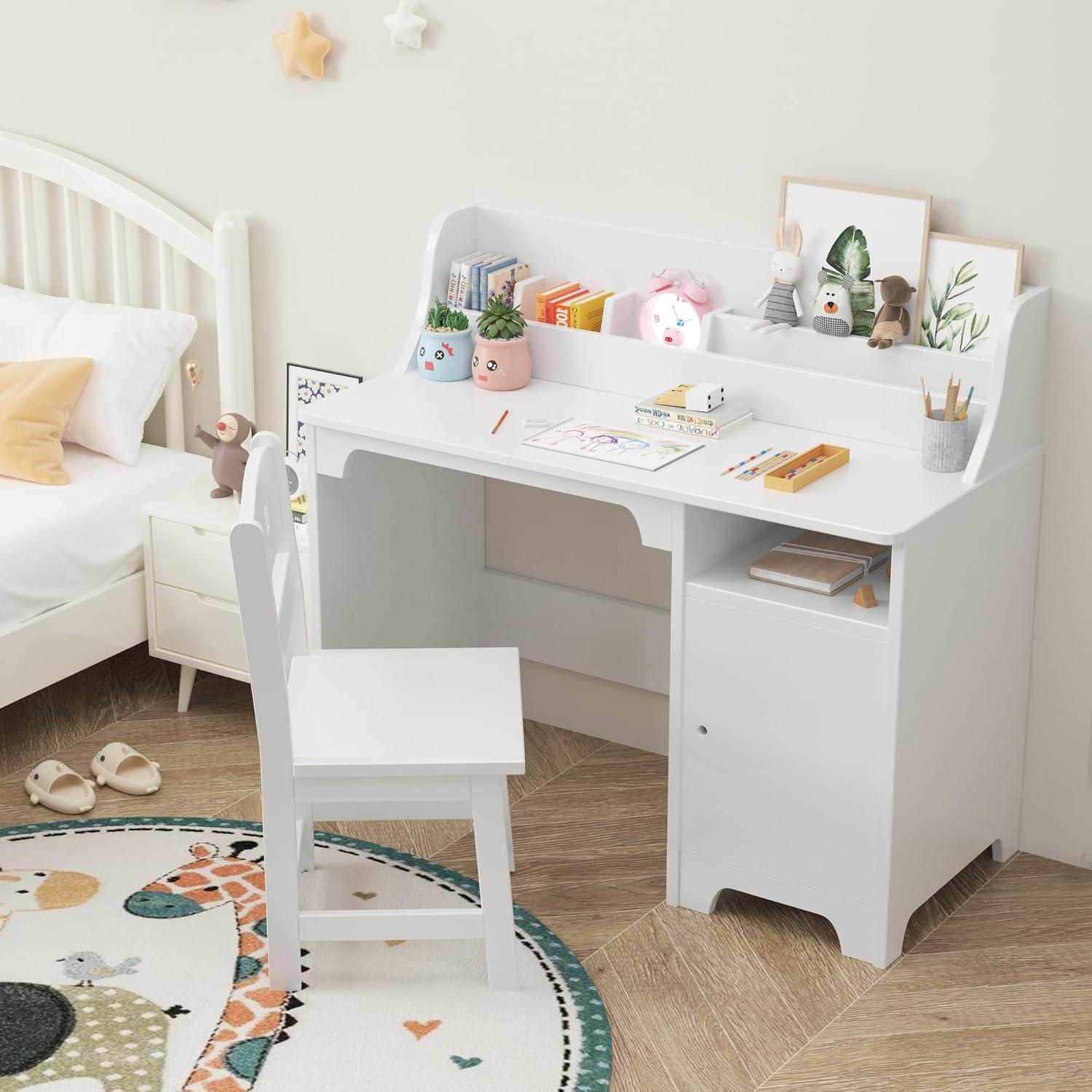 EastVita Kids Desk and Chair Set,Study Desk for Kids with Hutch, Storage Cabinet, Wooden Children Study Table, Student Writing Desk Computer Workstation