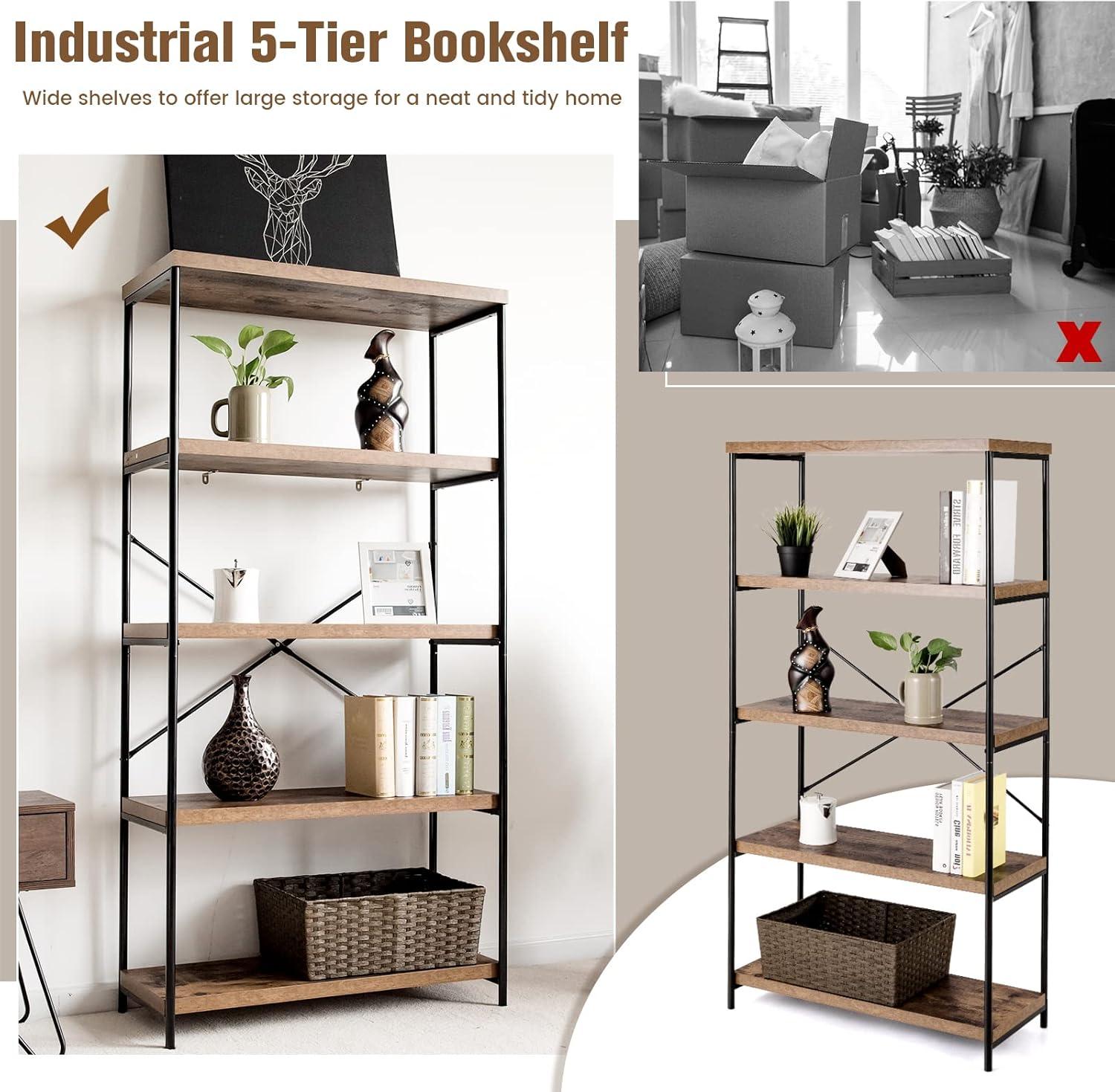 Rustic Brown Wood and Metal 5-Tier Bookcase