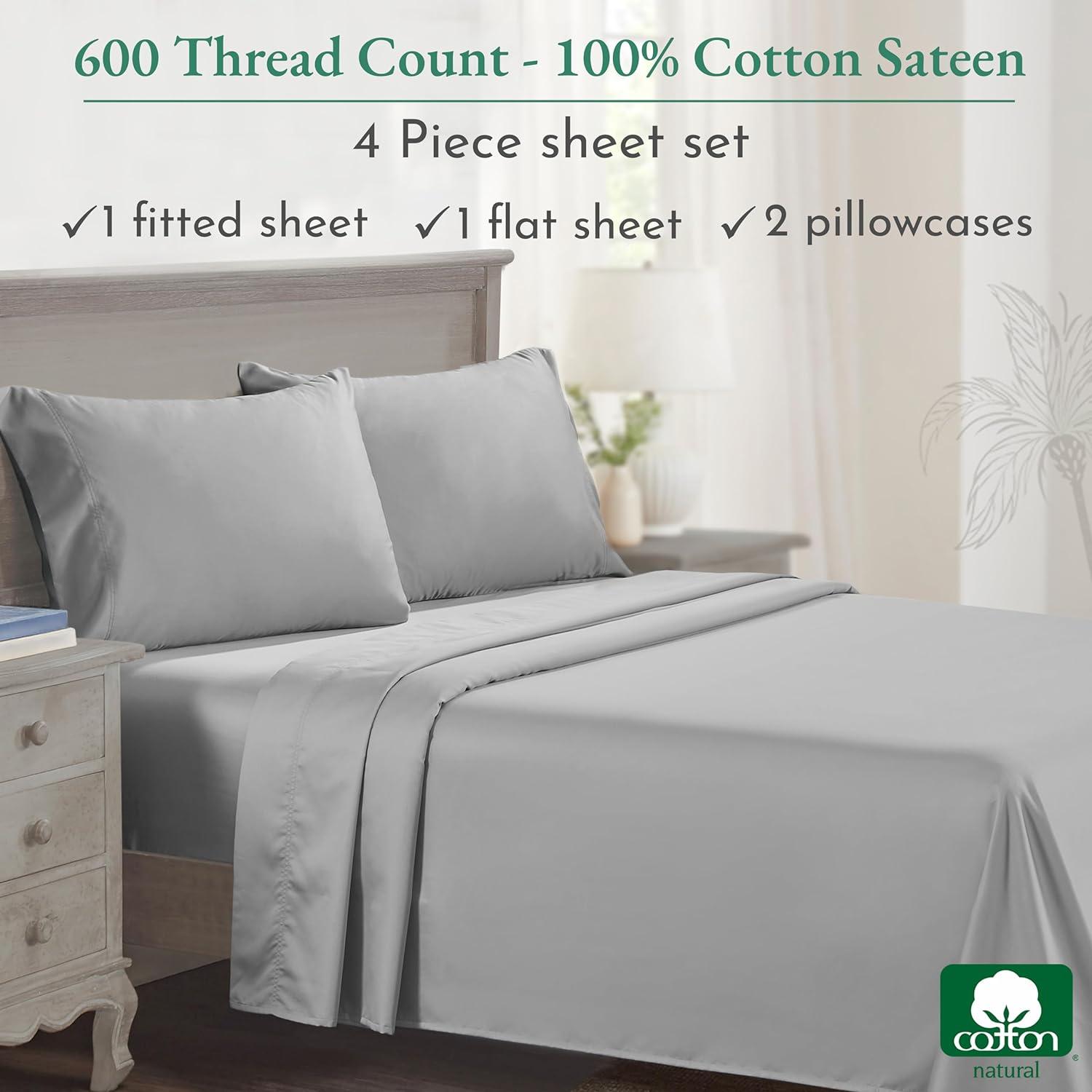 5-Star Luxury Sheet Set | 600 Thread Count 100% Cotton Sateen | Soft & Crisp Bed Sheets with Deep Pockets by California Design Den