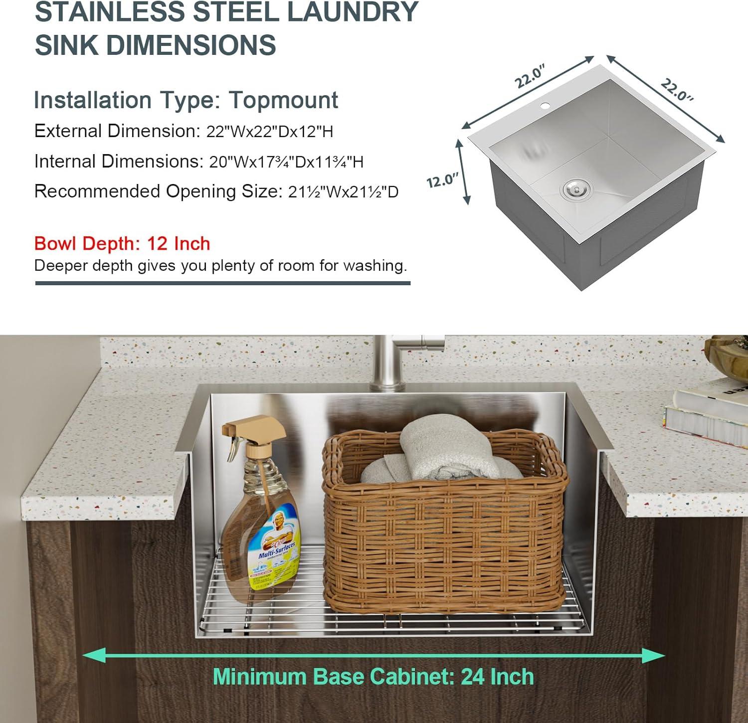 22" x 22" Stainless Steel Drop-In Laundry Sink with Accessories