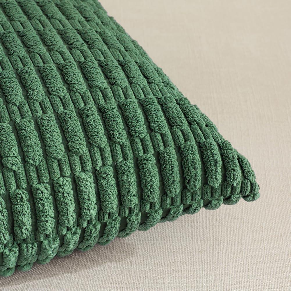 Boho Sage Green Striped Corduroy Pillow Covers - Set of 2 | Farmhouse Rectangle Cushion Cases for Sofa Couch Bed | Soft Decorative Throw Pillowcases - 12x20 Inch Home Decor