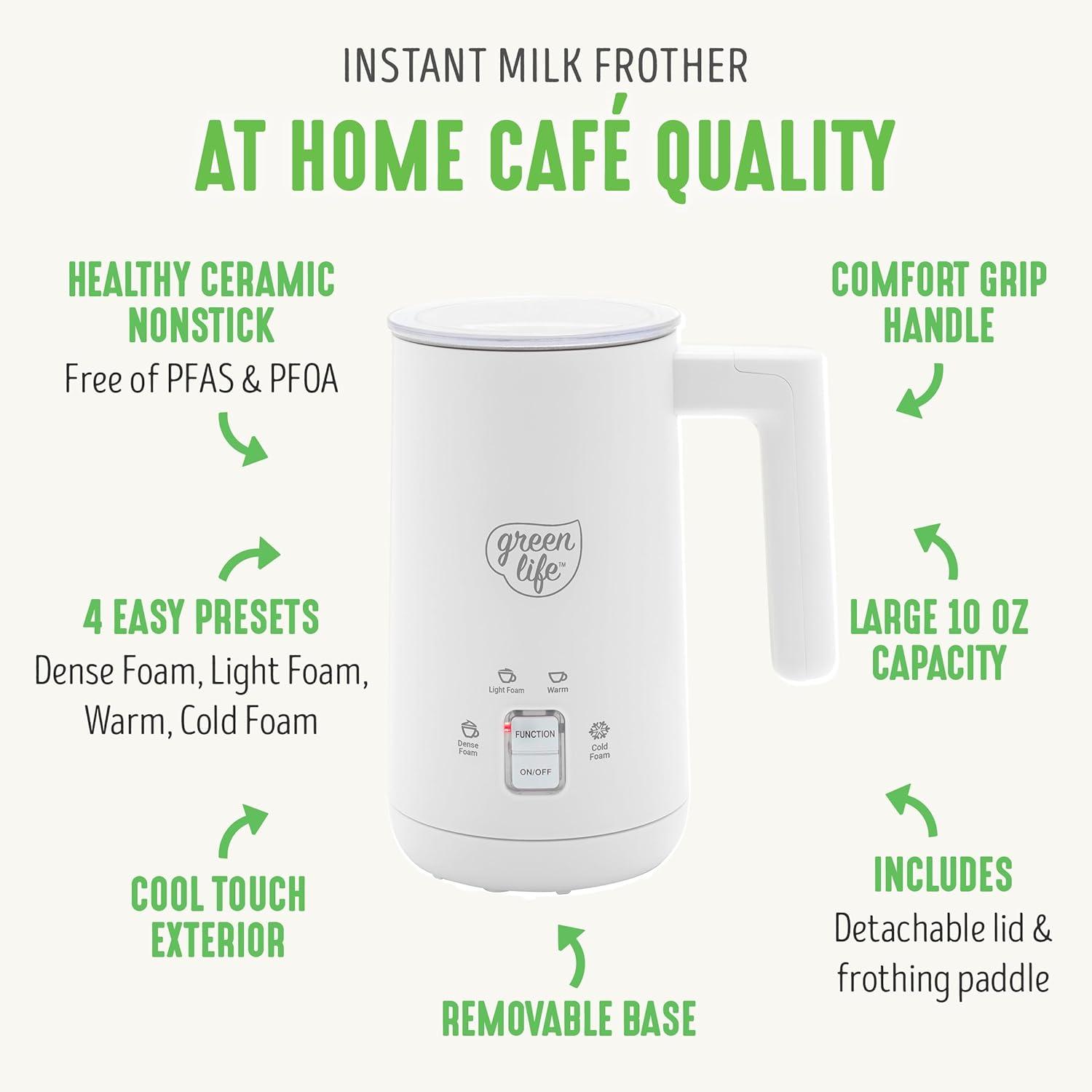 GreenLife GreenLife 10oz Electric Milk Frother, 4-in-1 Hot and Cold Milk Warmer and Steamer, PFOA / PFAS Free