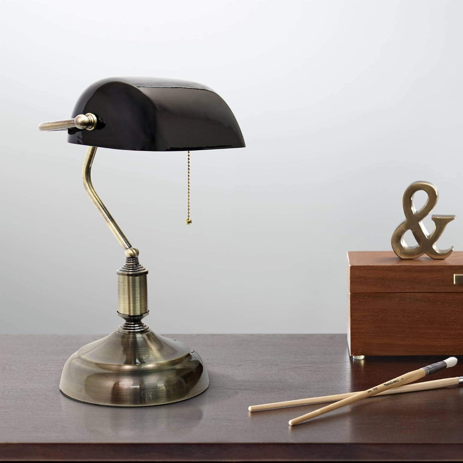 Executive Banker's Desk Lamp with Glass Shade Black - Simple Designs: ETL Listed, Metal Body, Pull Chain