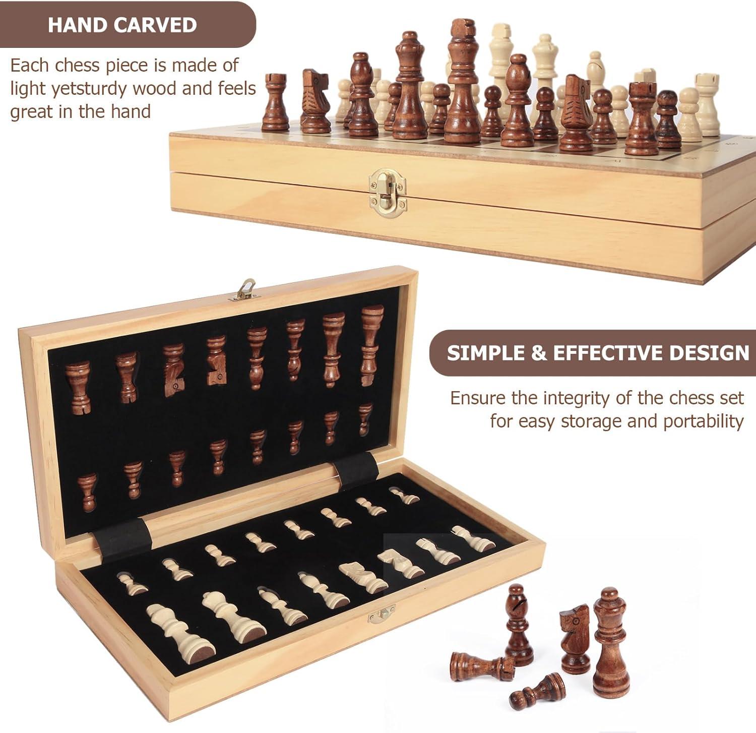 15" Folding Wooden Chess Set with Hand-Carved Pieces