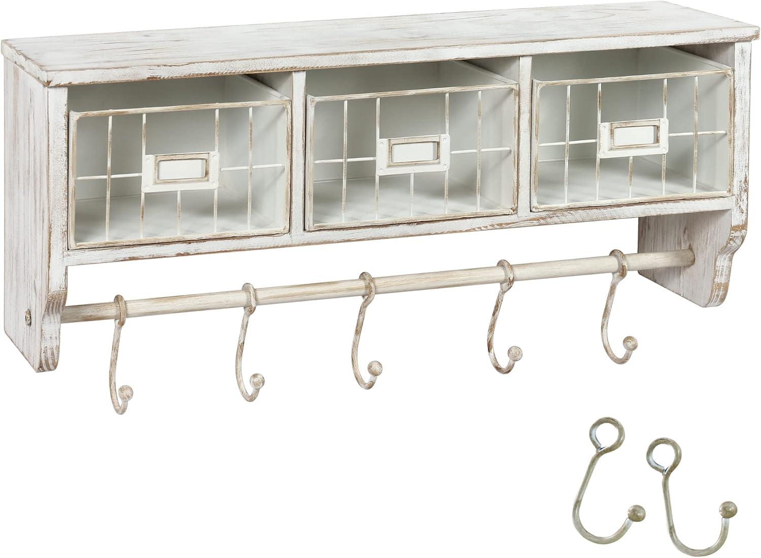 HBCY Creations Rustic Coat Rack Wall Mounted Shelf with Hooks & Baskets, Entryway Organizer Wall Shelf with 5 Coat Hooks and Cubbies, (Rustic Brown, 24 Inch)