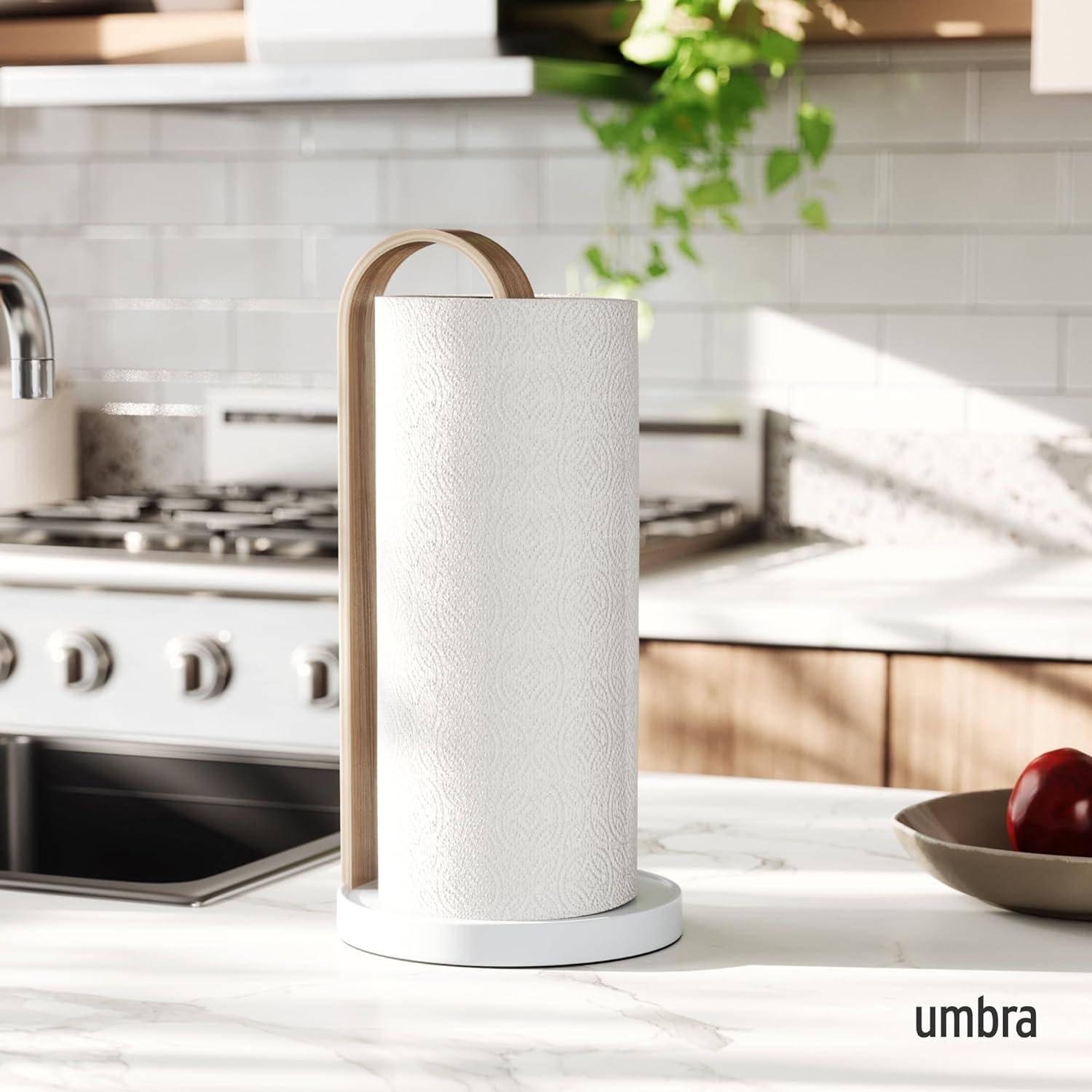Umbra Bellwood Paper Towel Holder for Kitchen Countertop, with Real Wood Stand and Weighted Metal Base, White/Natural