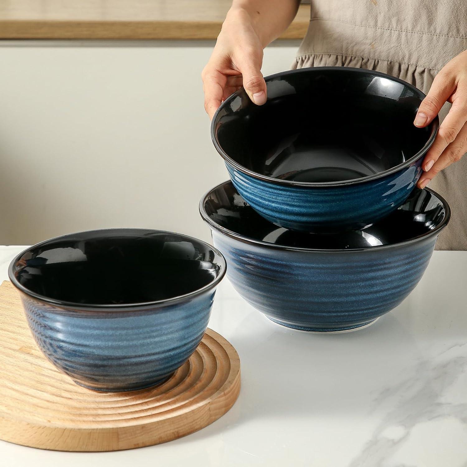 Blue Ceramic Round Mixing Bowl Set, 2 Quarts