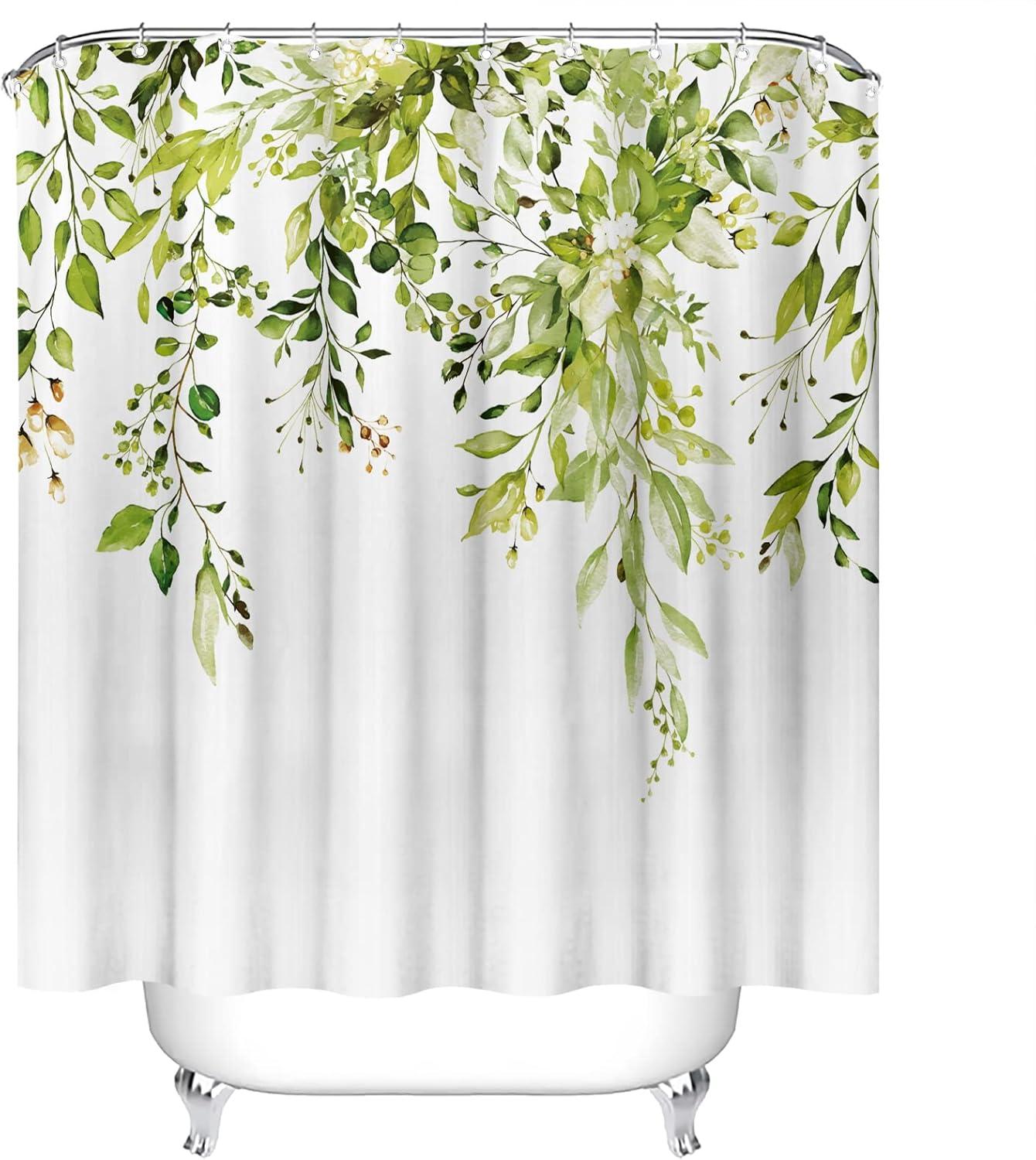 Eucalyptus Watercolor Leaves Semi-Sheer Waterproof Shower Curtain