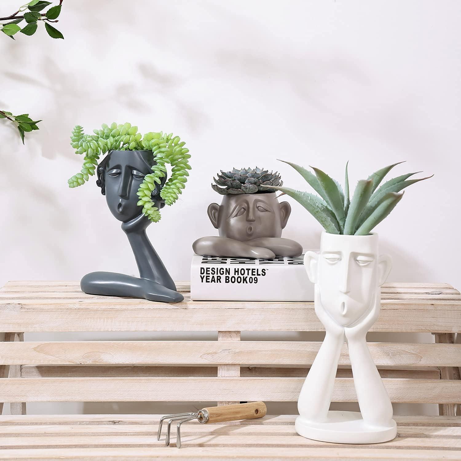 Set of 3 White Khaki Grey Resin Face Planters