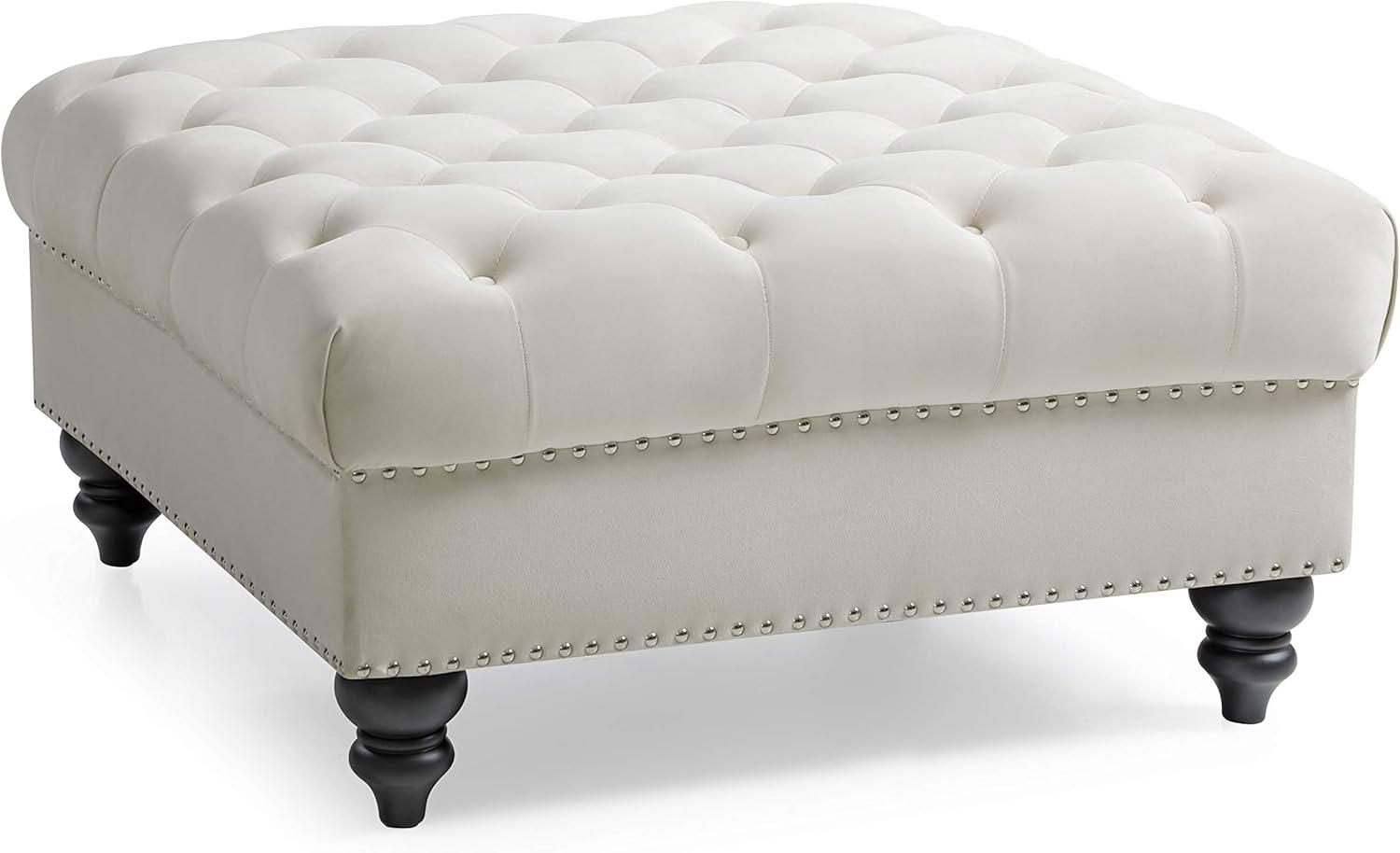 Nola Ivory Velvet 35" Tufted Ottoman with Chrome Nailheads