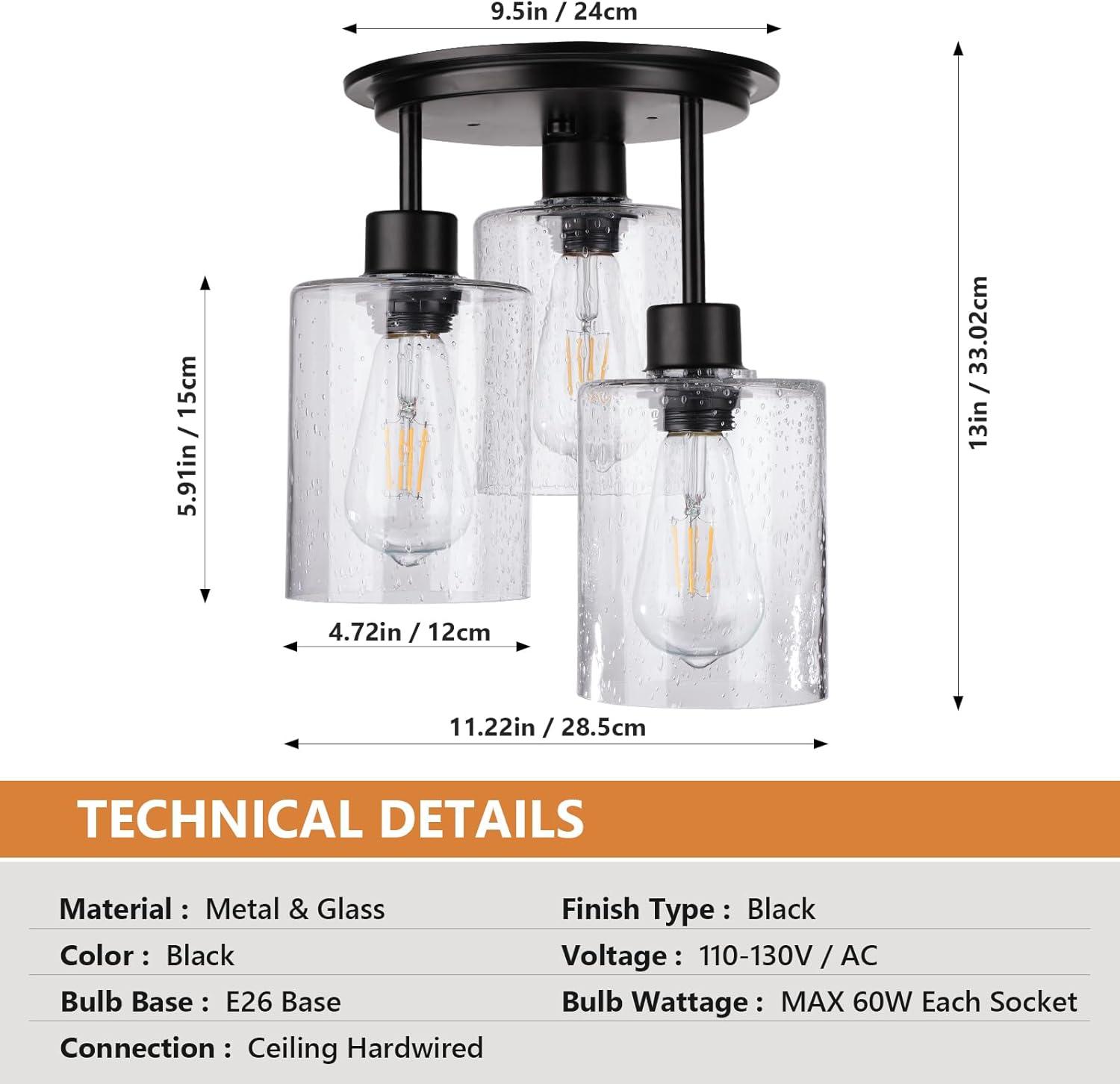 Semi Flush Mount Ceiling Light, 3-Light, with Clear Seeded Glass Shade