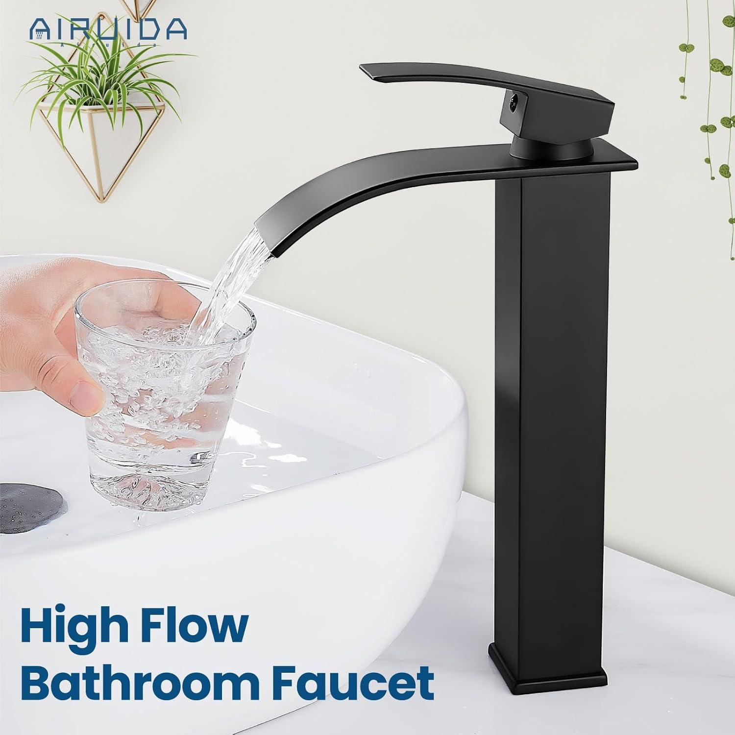 Waterfall Bathroom Faucet Single Handle，Bathroom Sink Faucet 1 Hole，Waterfall Faucet for Bathroom Sink，Vessel Sink Faucet Matte Black Tall Bathroom Faucet