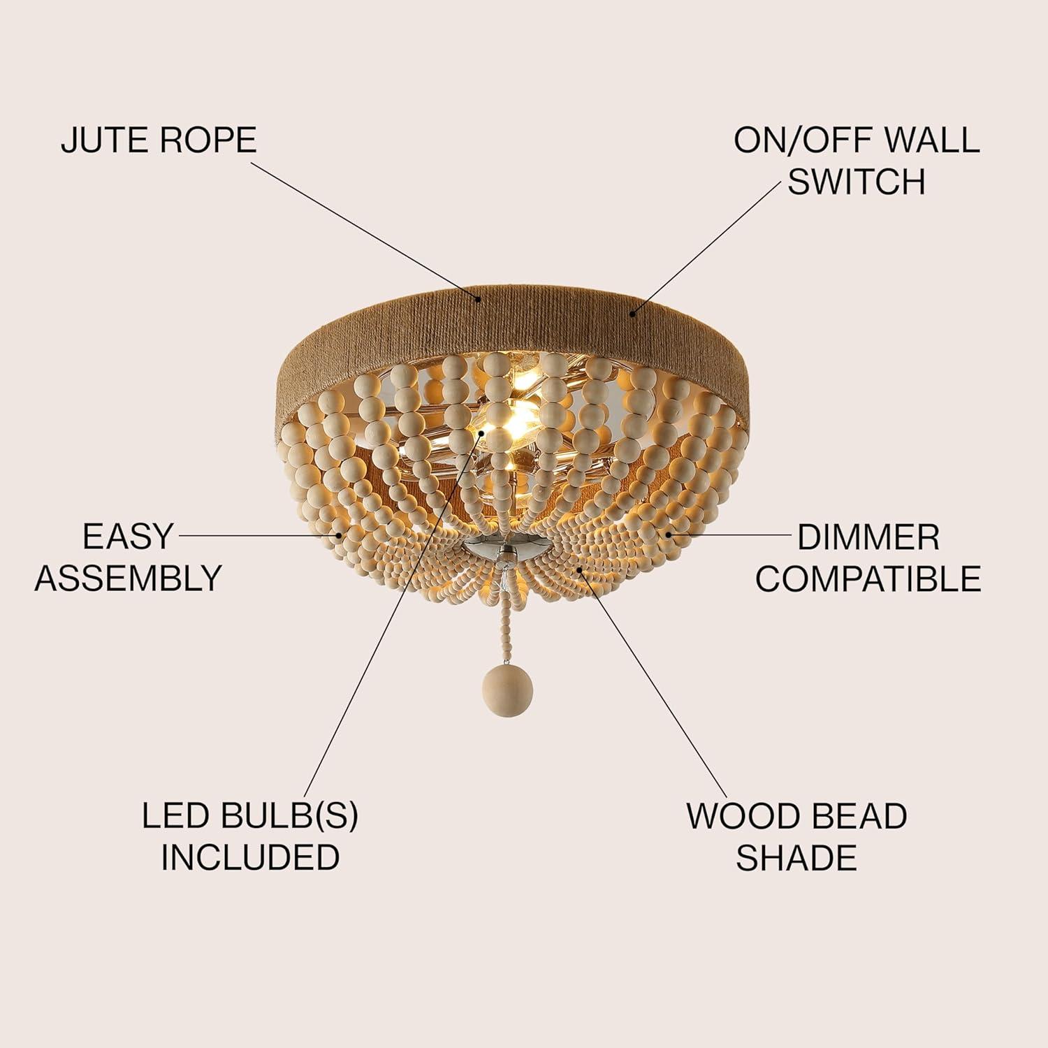 Justina Wood Bead 14" 2-Light Farmhouse Bohemian Iron LED Flush Mount, Light Taupe/Chrome