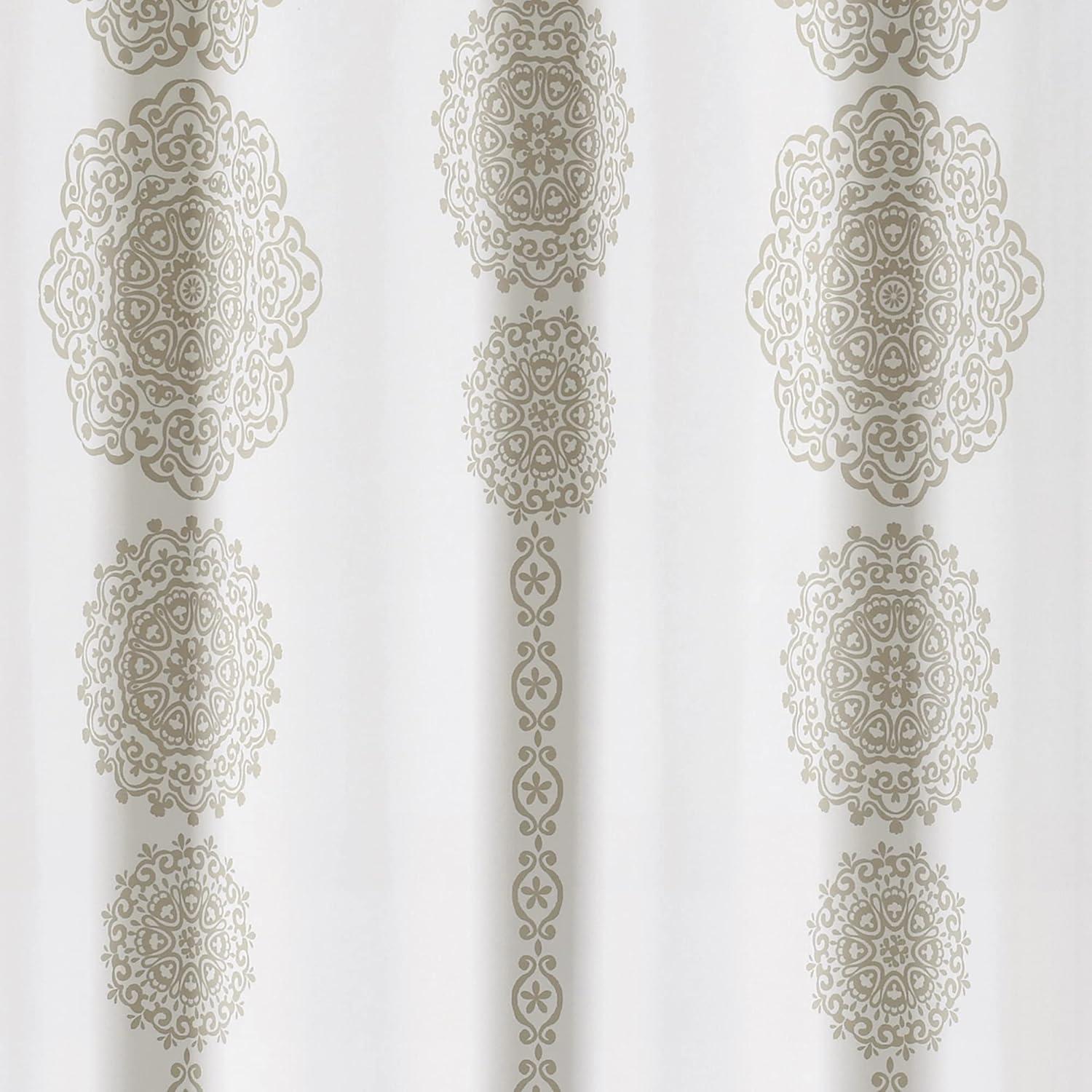 Lush Decor Stripe Medallion Shower Curtain-Fabric Mandala Bohemian Damask Print Design, 72" x 72", Neutral