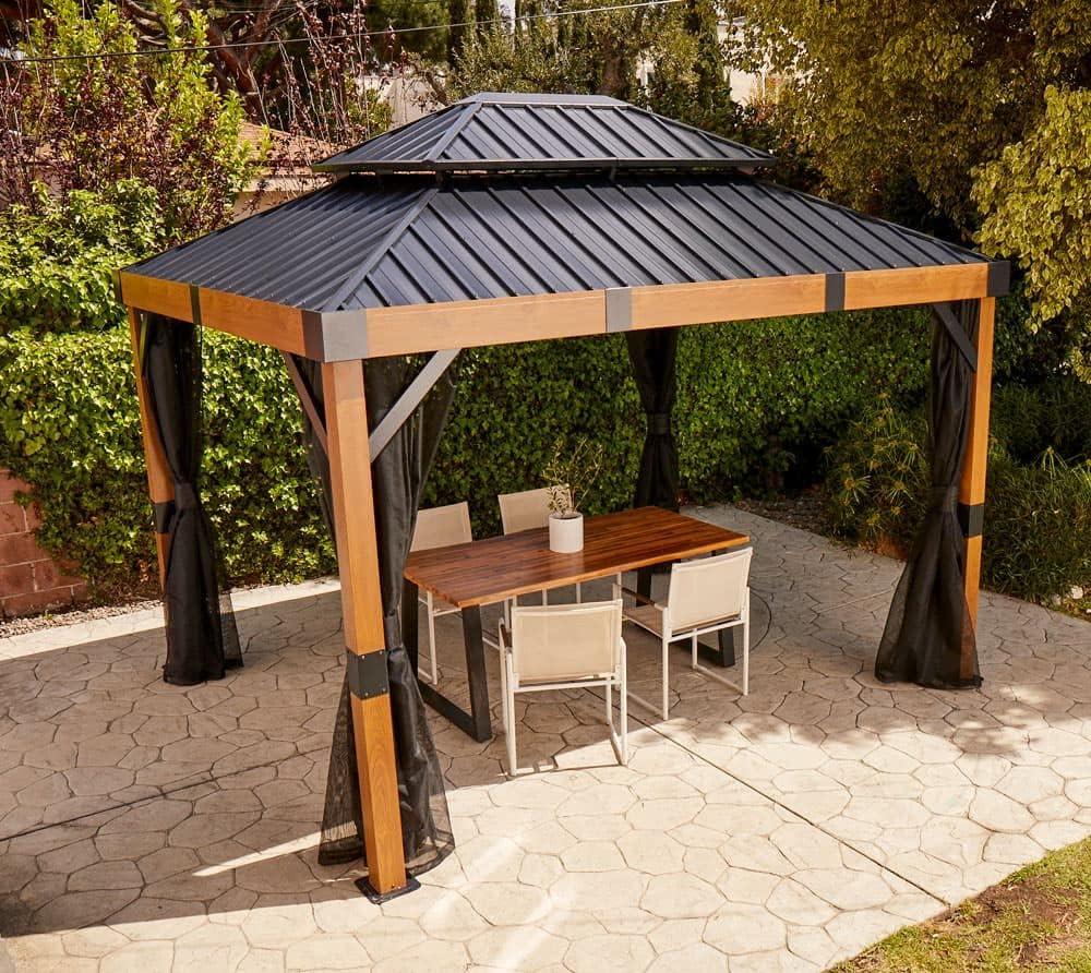 Sojag Outdoor 10' x 12' Fontana Hardtop Double Roof Gazebo Outdoor Sun Shelter, Wood and Black