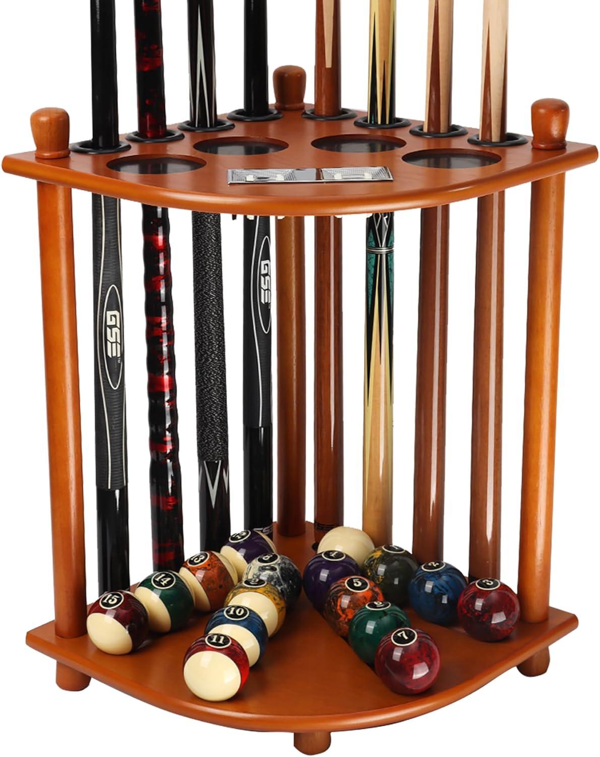 GSE Wooden Corner-Style Floor Stand Billiard Pool Cue Rack with Score Counters, Holds 8 Pool Cue Stick and Full Set of Pool Balls