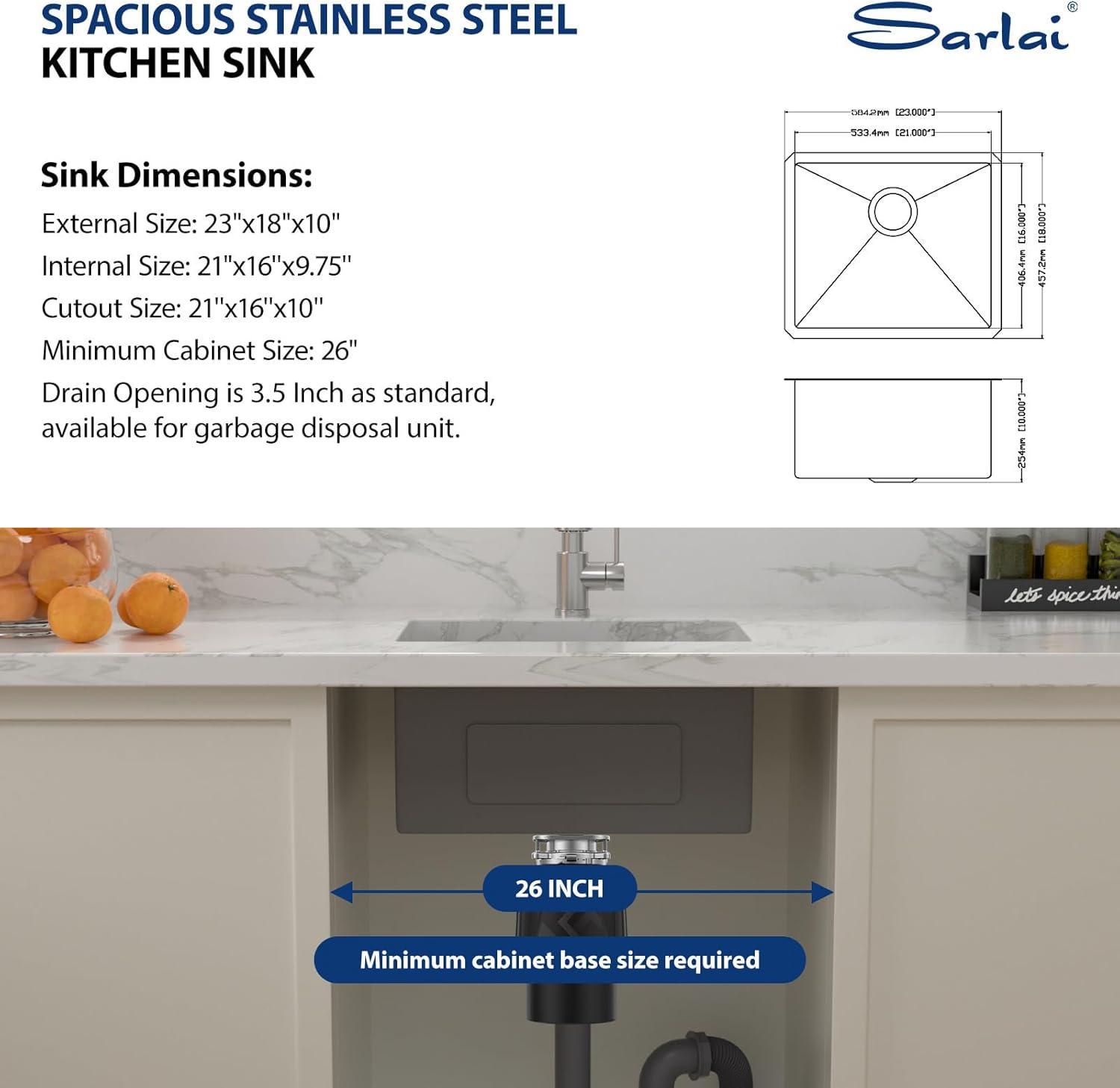 23" x 18" Brushed Stainless Steel Undermount Single Bowl Kitchen Sink