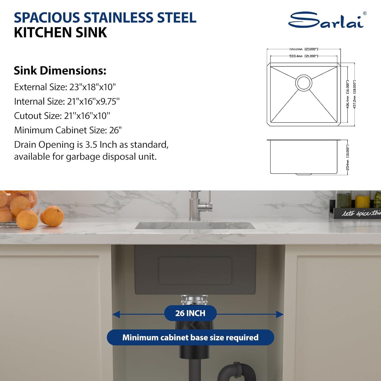 Sarlai 23 Bar Sink Stainless Steel - 23" x 18" Undermount Kitchen Sink Single Bowl 16 Gauge Stainless Steel RV Camper Wet Bar Prep Sink Basin