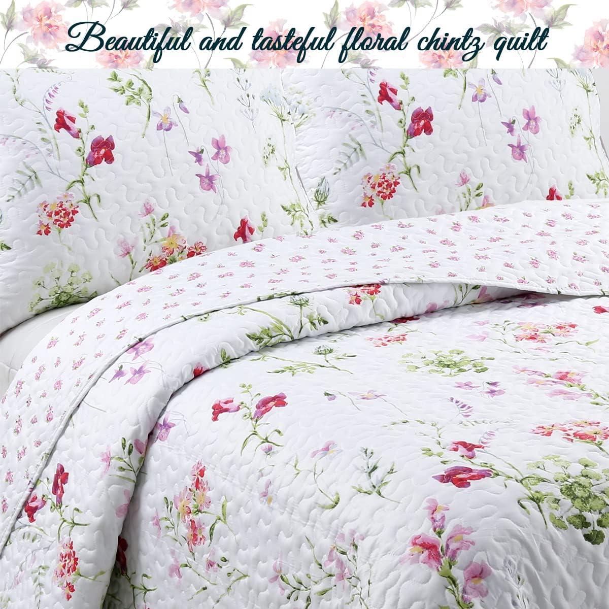 King Pink Floral Microfiber Reversible Quilt Set