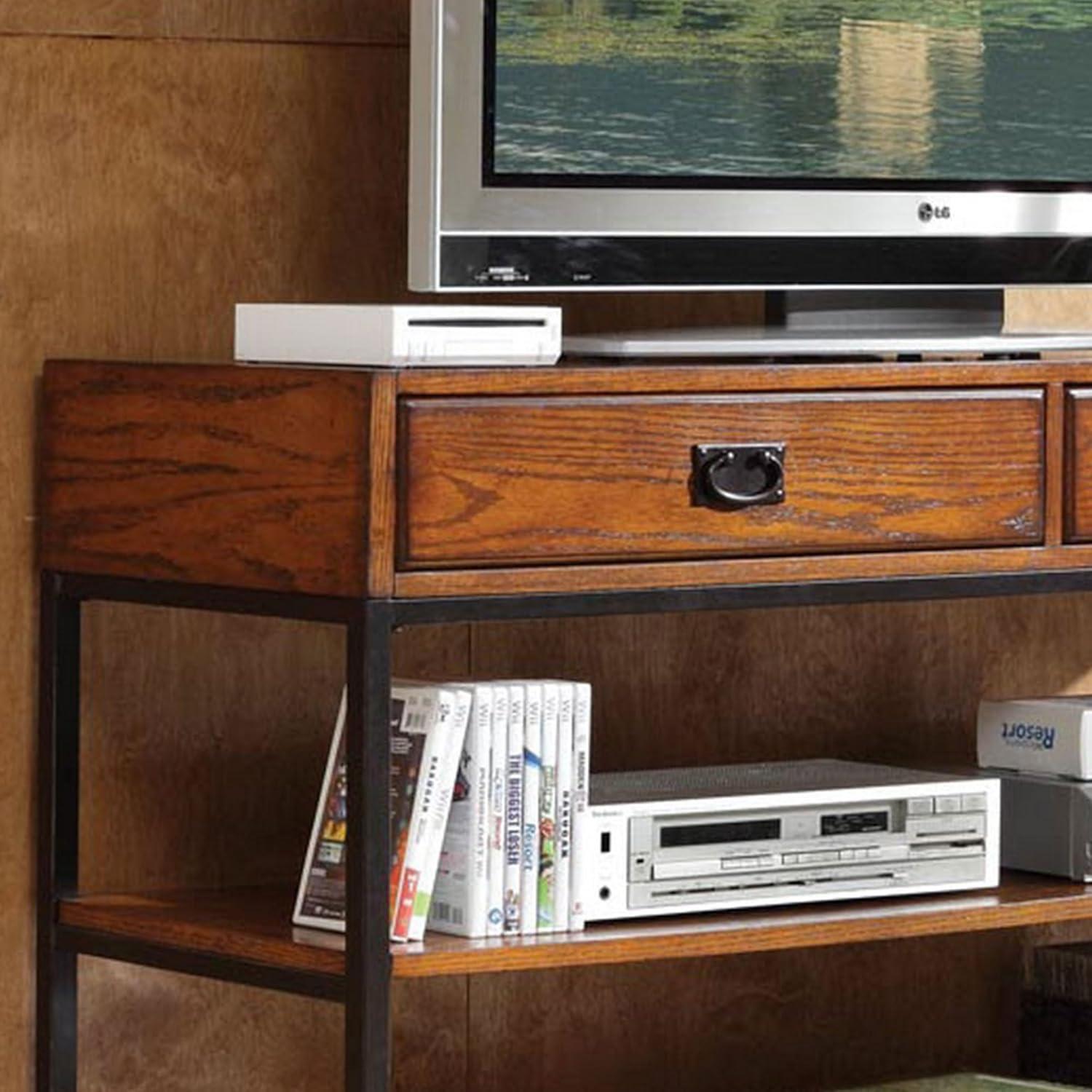 Distressed Oak and Metal Media Console with Drawers