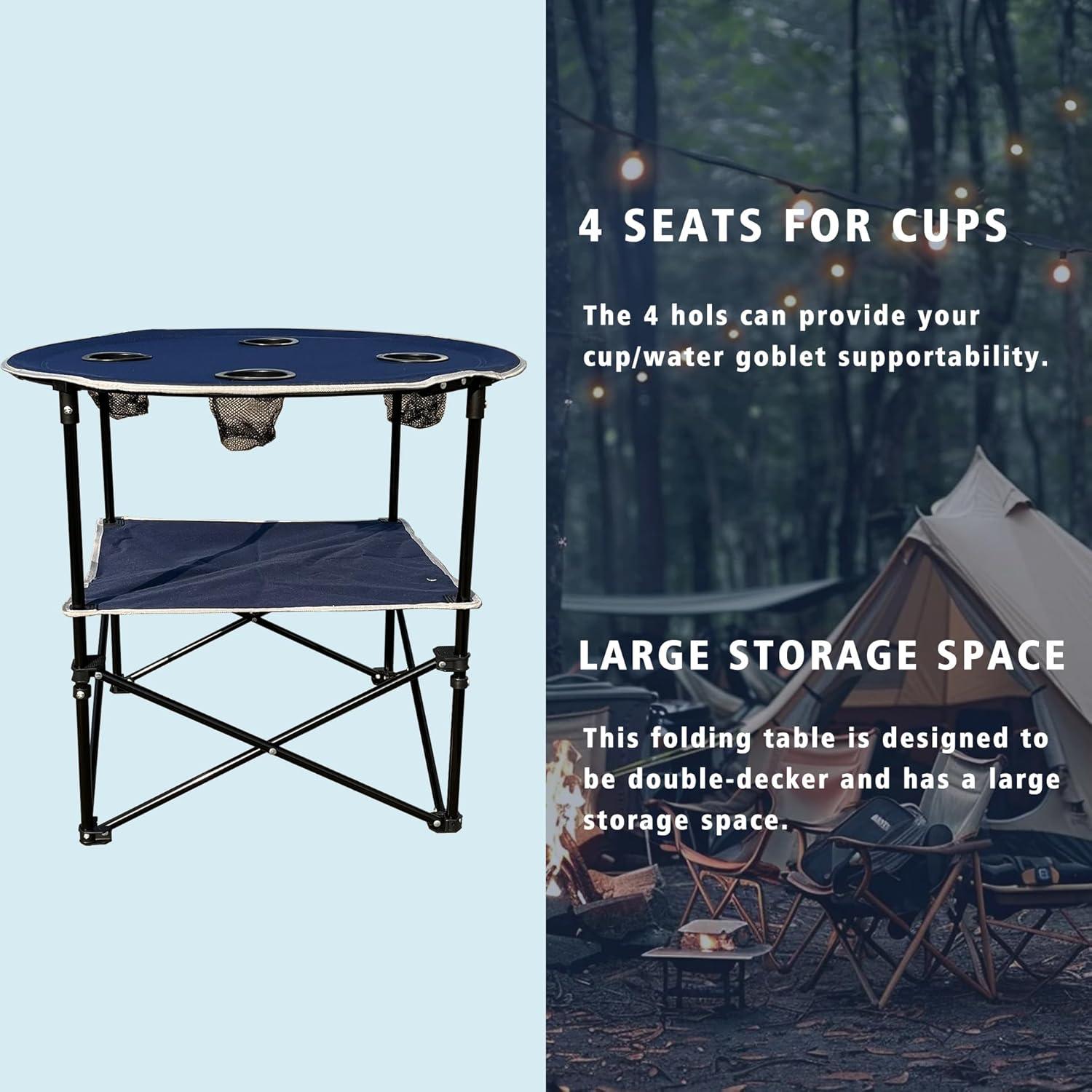 2 Tier Outdoor Camping Gear, Foldable Camping Table With Carry Bag And 4 Cup Holders,Lightweight Collapsible Canvas Table For Beach, Picnic, BBQ,Campfires,Fishing,Hiking,Tailgating