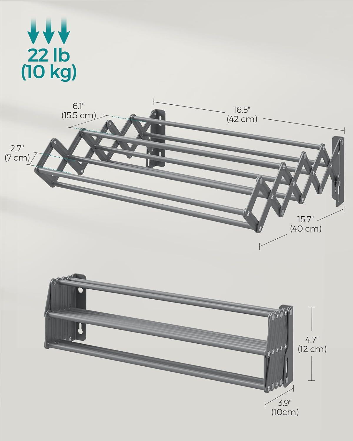 SONGMICS Clothes Drying Rack, Wall-Mounted Drying Rack Clothing, Small Accordion Laundry Rack, 9 Staggered Hanging Rods, Expandable and Retractable, Cloud White ULLR802W01