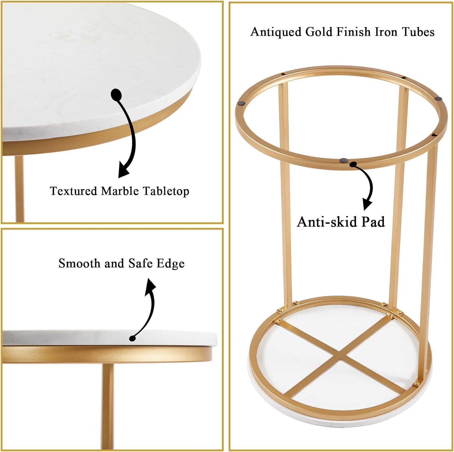 Modern 16 in Gold C-Top Faux Marble Side Table
