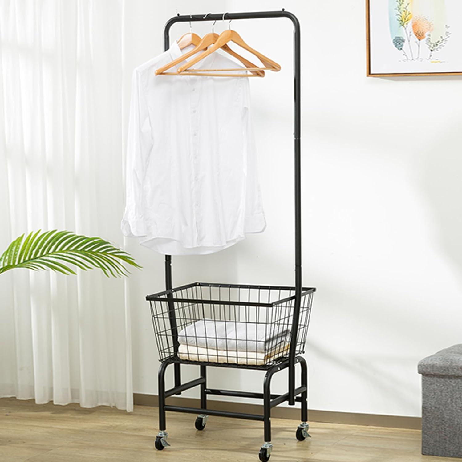 Black Metal Rolling Laundry Cart with Wire Storage Rack