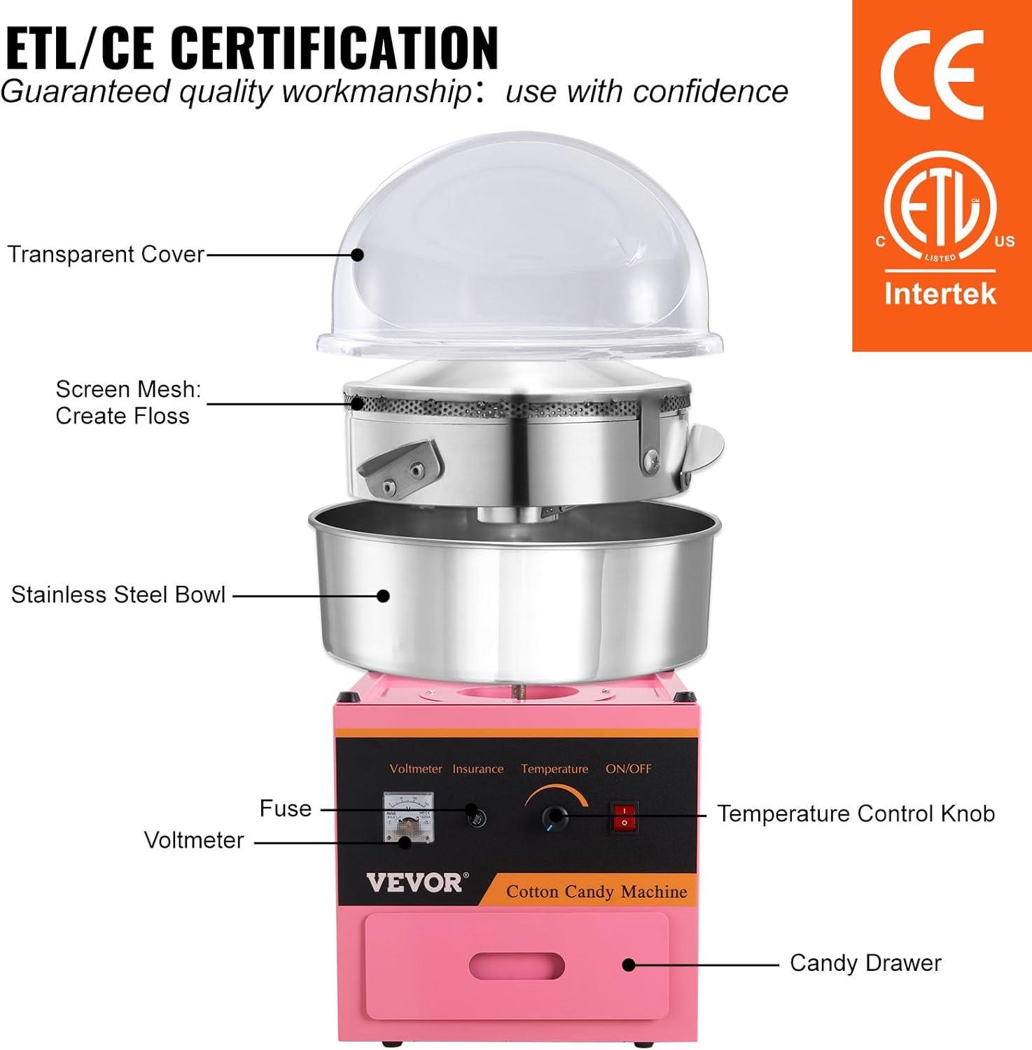 VEVOR Electric Cotton Candy Machine Cart, 1000W Commercial Floss Maker w/Stainless Steel Bowl, Sugar Scoop and Drawer, Perfect for Home, Carnival, Kids Birthday, Family Party, Pink