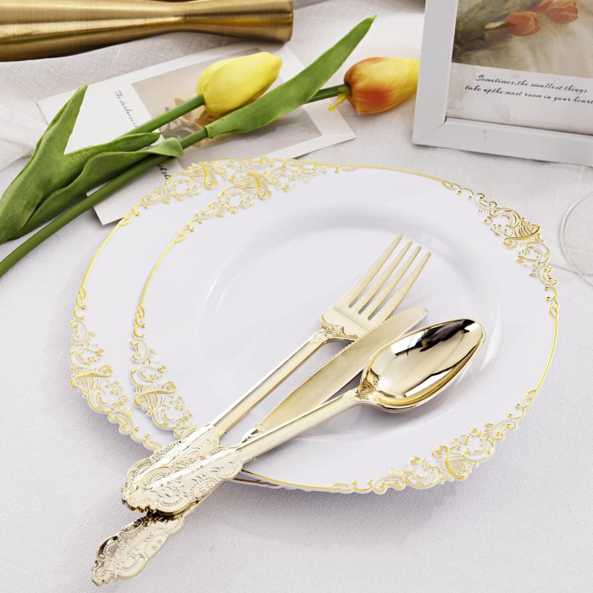 White and Gold Floral Rim Round Plastic Plates Set