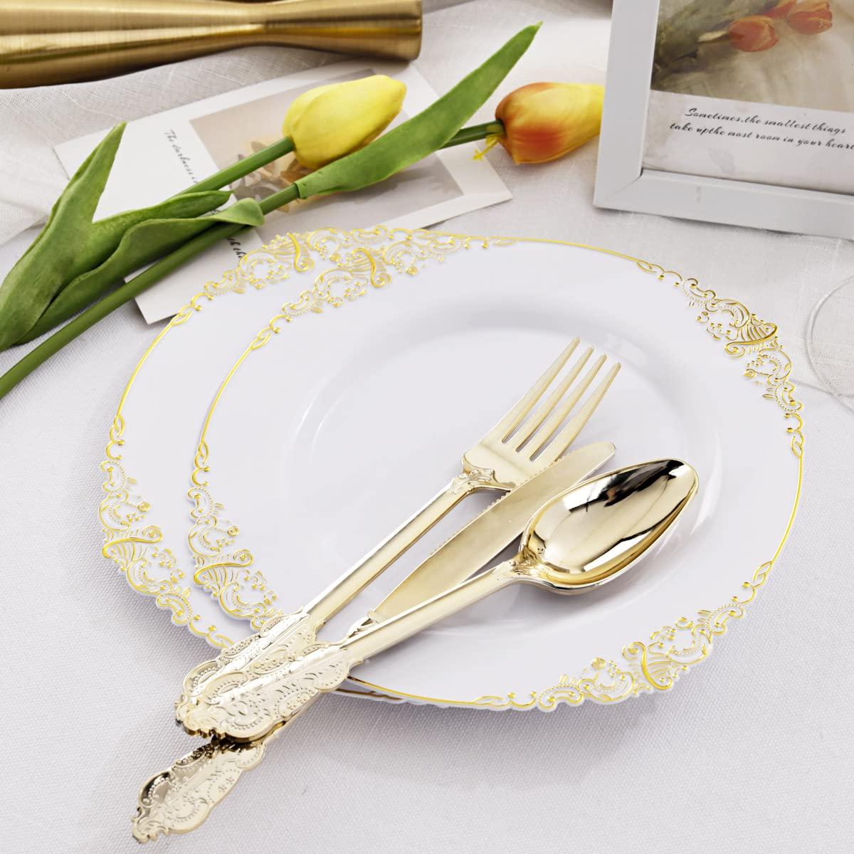 Liacere 60 Pack Gold Plastic Plates - White and Gold Disposable Plates include 30PCS 10.25inch Gold Dinner Plate, 30PCS 7.5inch Dessert Plate for Party & Wedding & Fall Decor