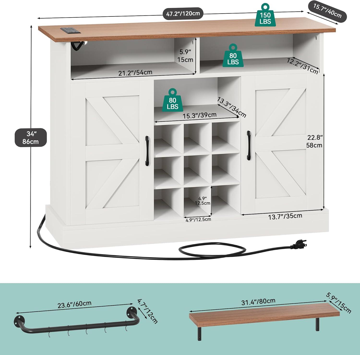 YITAHOME Farmhouse Sideboard Buffet Cabinet with Floating Shelves, 47" Coffee Bar Cabinet with 2 Barn Doors & Power Outlet, Storage Cabinet for Kitchen, Living Room (White)
