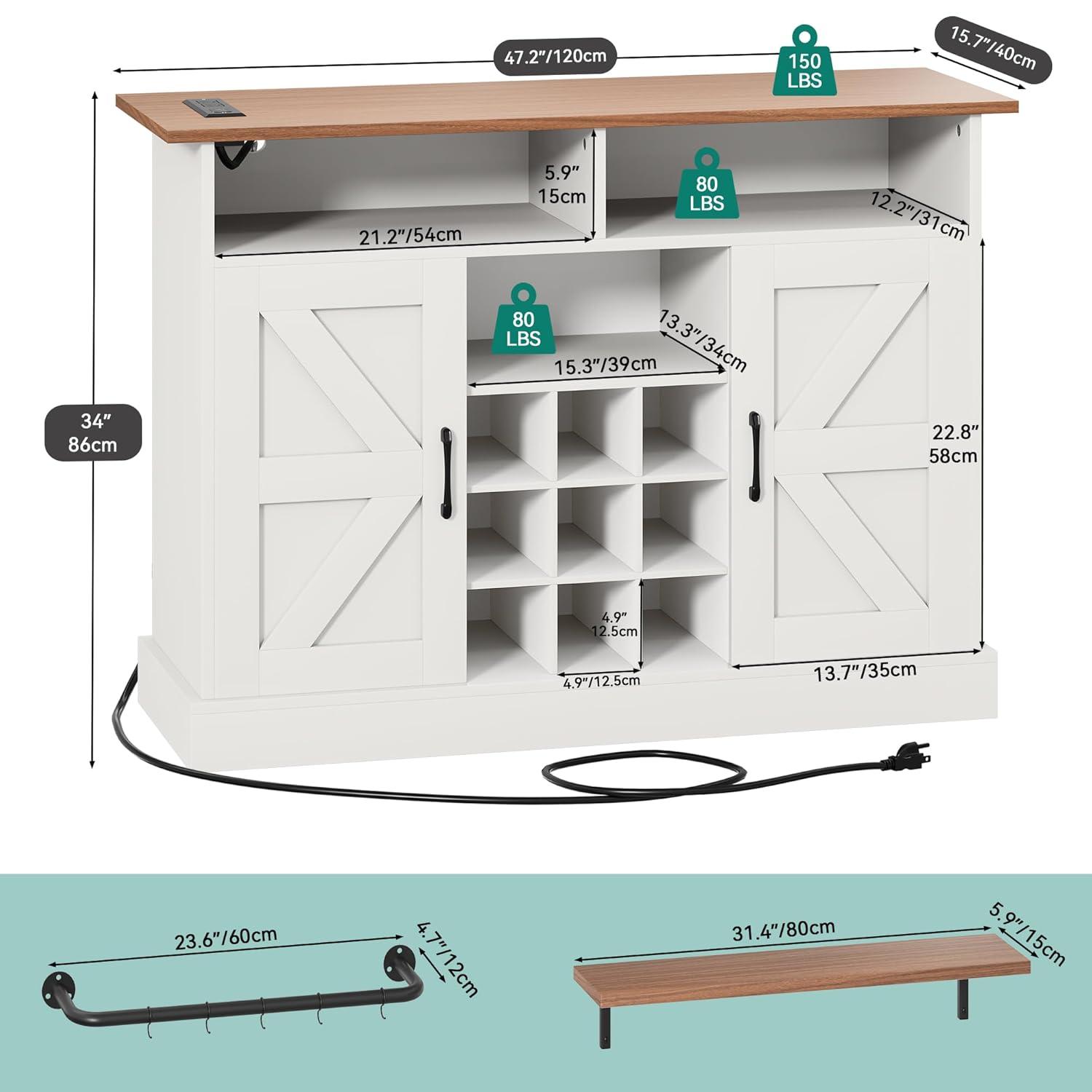 YITAHOME Farmhouse Sideboard Buffet Cabinet with Floating Shelves, 47" Coffee Bar Cabinet with 2 Barn Doors & Power Outlet, Storage Cabinet for Kitchen, Living Room (White)
