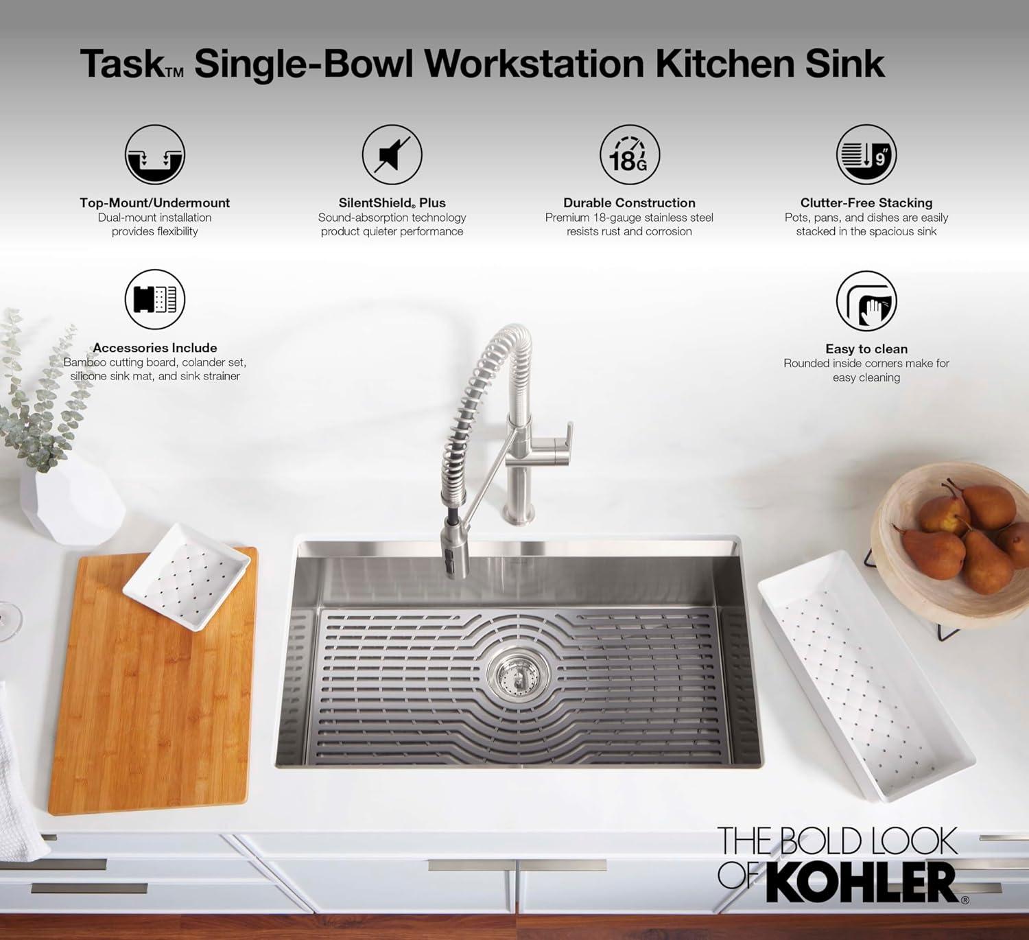 Task 33" x 22" Top-Mount/Undermount Single-Bowl Workstation Kitchen Sink With Accessories
