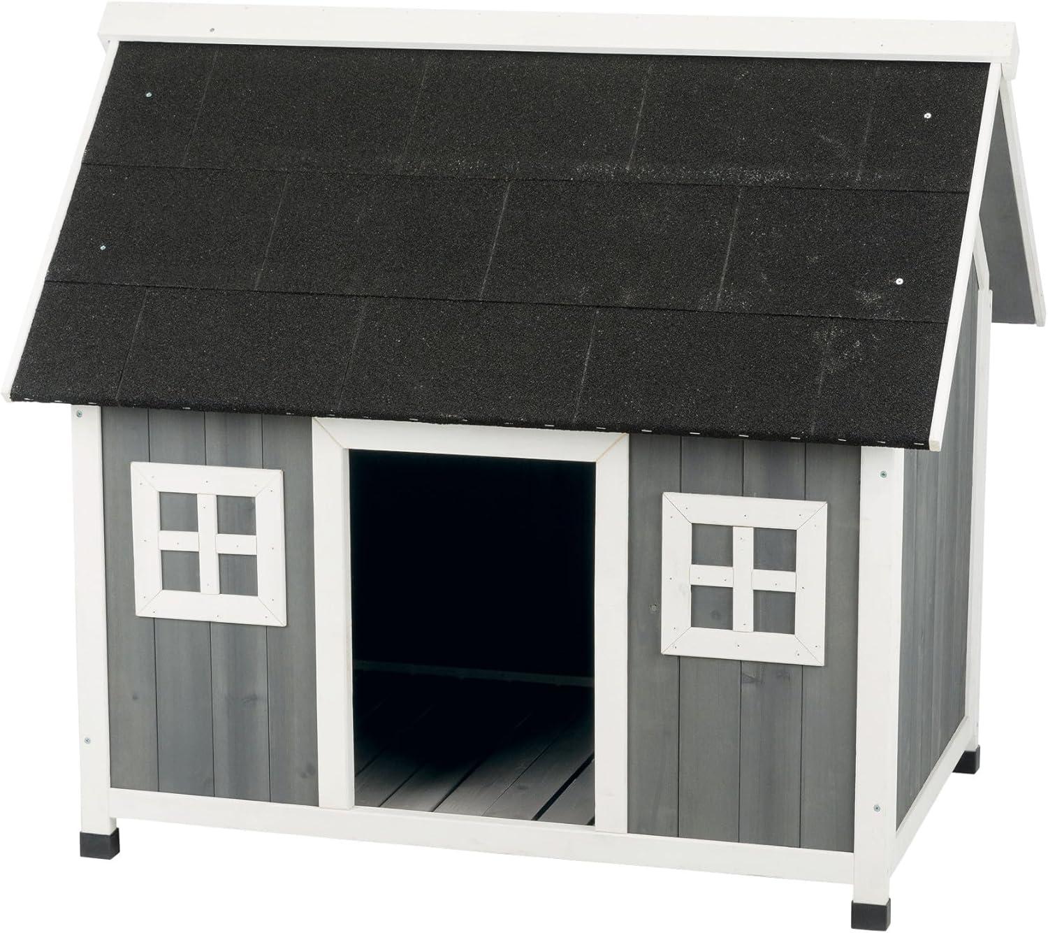 Gray and White Wooden Barn Style Dog House with Raised Floor