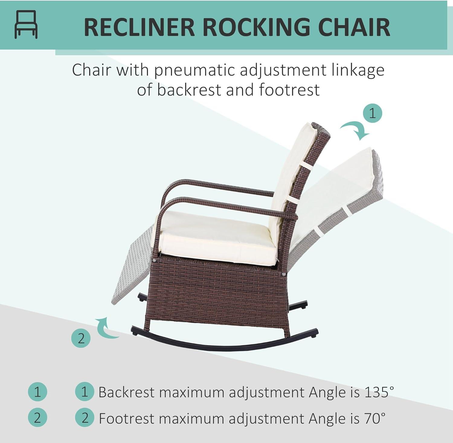 Outsunny Outdoor Rattan Wicker Rocking Chair Patio Recliner with Soft Cushion, Adjustable Footrest, Max. 135 Degree Backrest