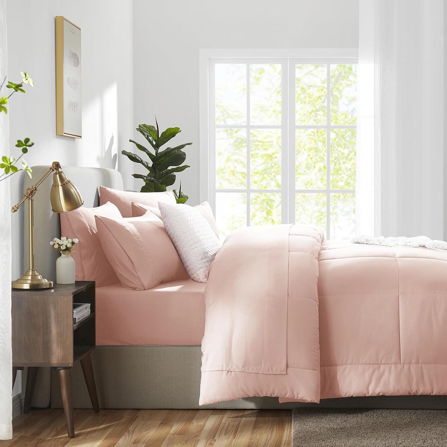CozyLux Pink Comforter Set Queen - 7 Pieces Bed in a Bag Toddler Girls Comforter Set Teen Girl Bedding Sets with All Season Quilted Comforter, Flat Sheet, Fitted Sheet, Pillowcases, Blush Pink