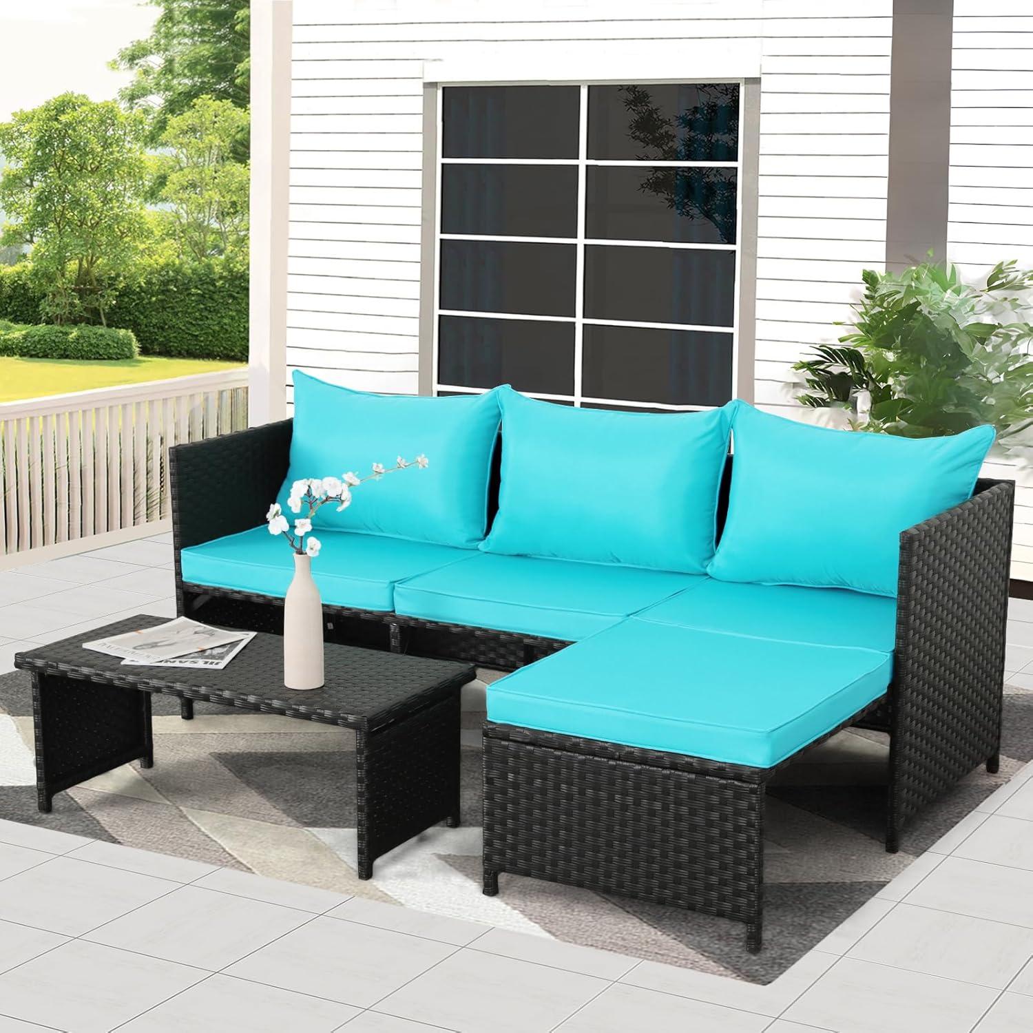 Valita 3-Piece Outdoor PE Rattan Furniture Set Patio Black Wicker Conversation Loveseat Sofa Sectional Couch Turquoise Cushion