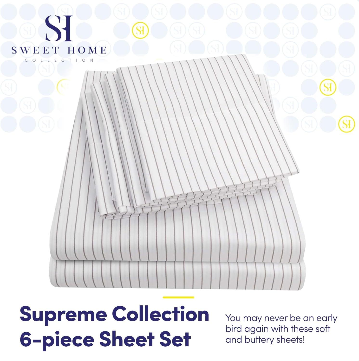 California King Pinstripe White Microfiber Deep Pocket Sheet Set