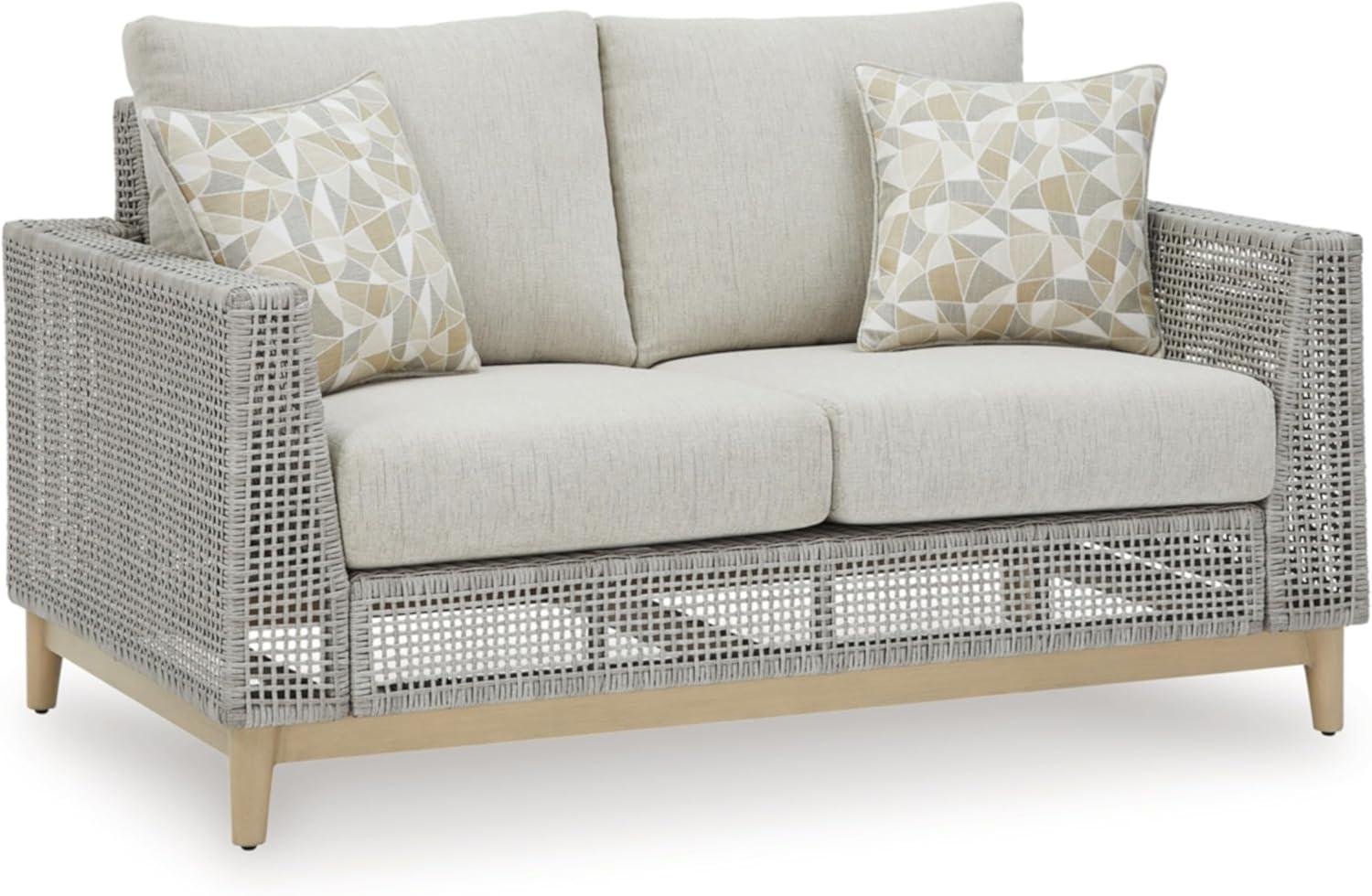 Gray Wicker and Plastic Outdoor Loveseat with Cushions