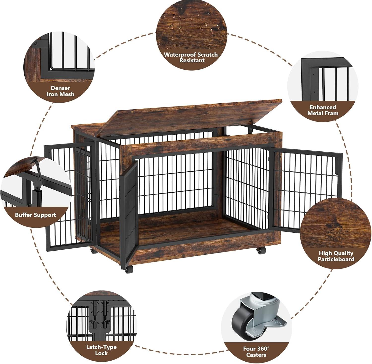 EasyCom Dog Crate Furniture, Extra Large Dog Kennel Indoor with Top-Access Teasing/Feeding Door, Spacious Dog House Moveable Furniture-Style Dog Cage with Wheels Double Doors