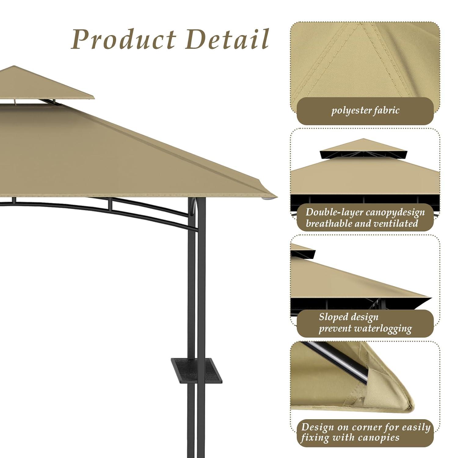 Grill Gazebo Replacement Top, 5 * 8 Outdoor BBQ Top Cover, Double Layer BBQ Gazebo Top Canopy for Model #L-GG001PST-F (Khaki)
