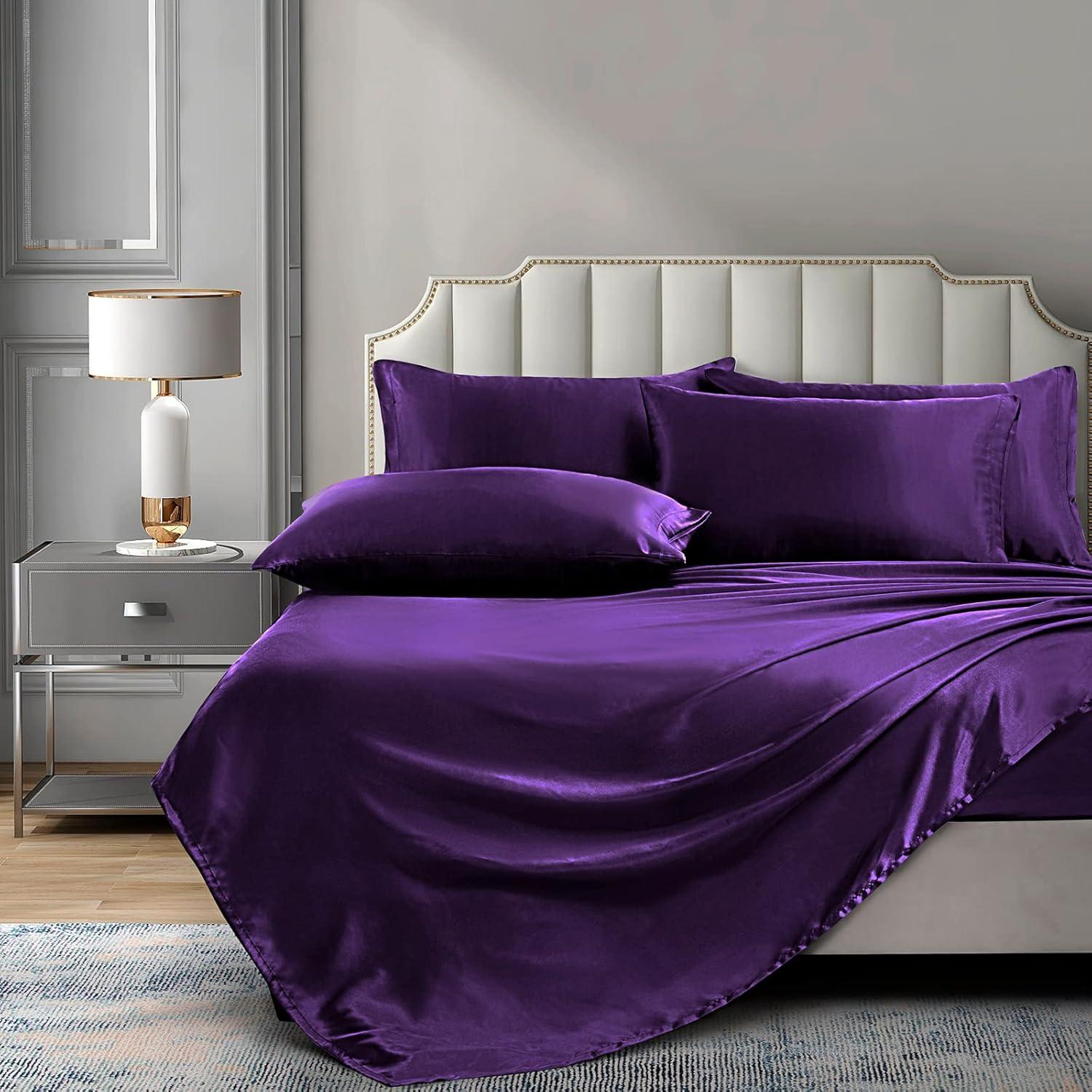 Hight Thread Count Solid Color Soft Silky Charmeuse Satin Luxury and Super Soft Bed Sheet Set (Purple, Queen)