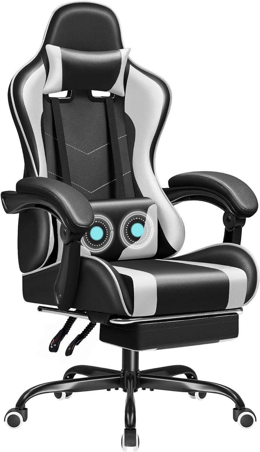 Killeryuki Gaming Chair, Video Game Chair with Footrest and Massage Lumbar Support, Ergonomic Computer Chair Height Adjustable with Swivel Seat and Headrest (White)