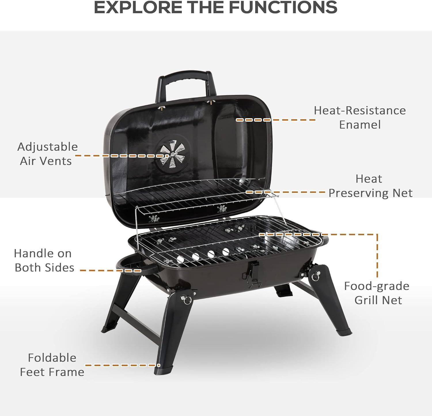 Outsunny 14" Portable Charcoal Grill, Tabletop Small BBQ Grill  Outdoor Cooking, Camping, Tailgating, Enamel Coated, Vent, Folding Legs, Black