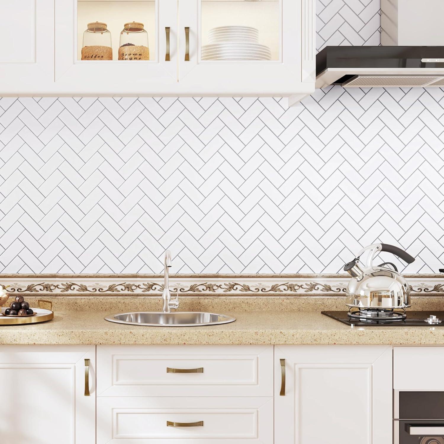 Clever Mosaics Thicker Upgrade White Vinyl Peel and Stick Herringbone Tile Backsplash 12" x 12" (set of 10)