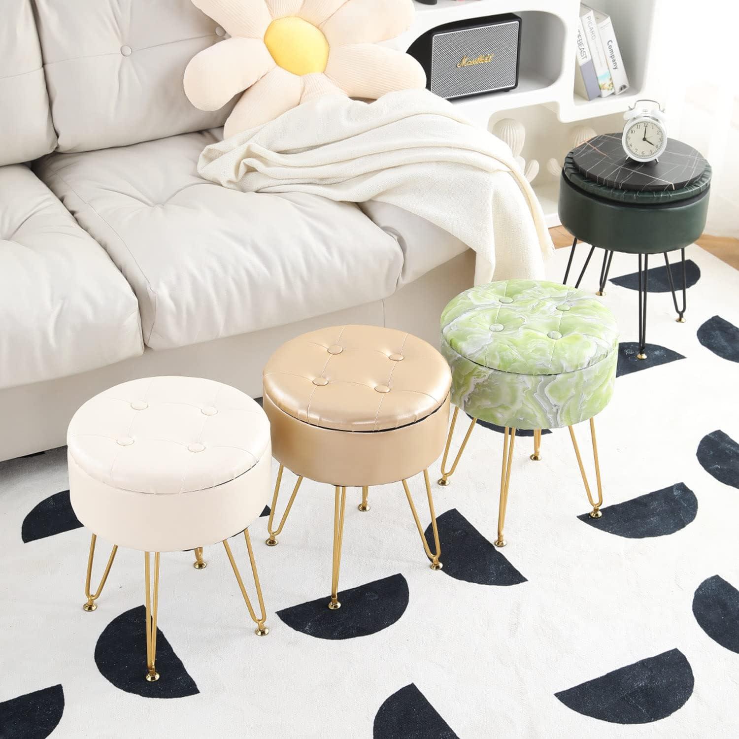 White Faux Leather Round Storage Ottoman with Gold Metal Legs