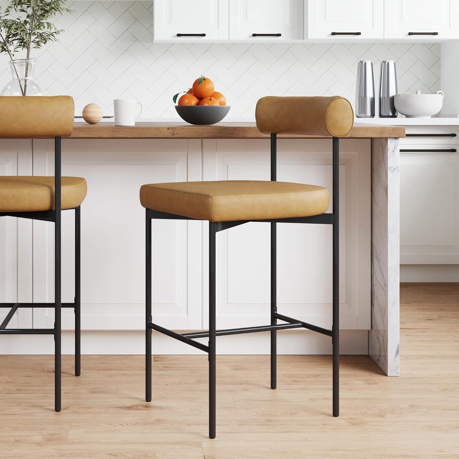 Dahlia Light Brown Leather Counter Height Barstool with Matte Black Metal Legs