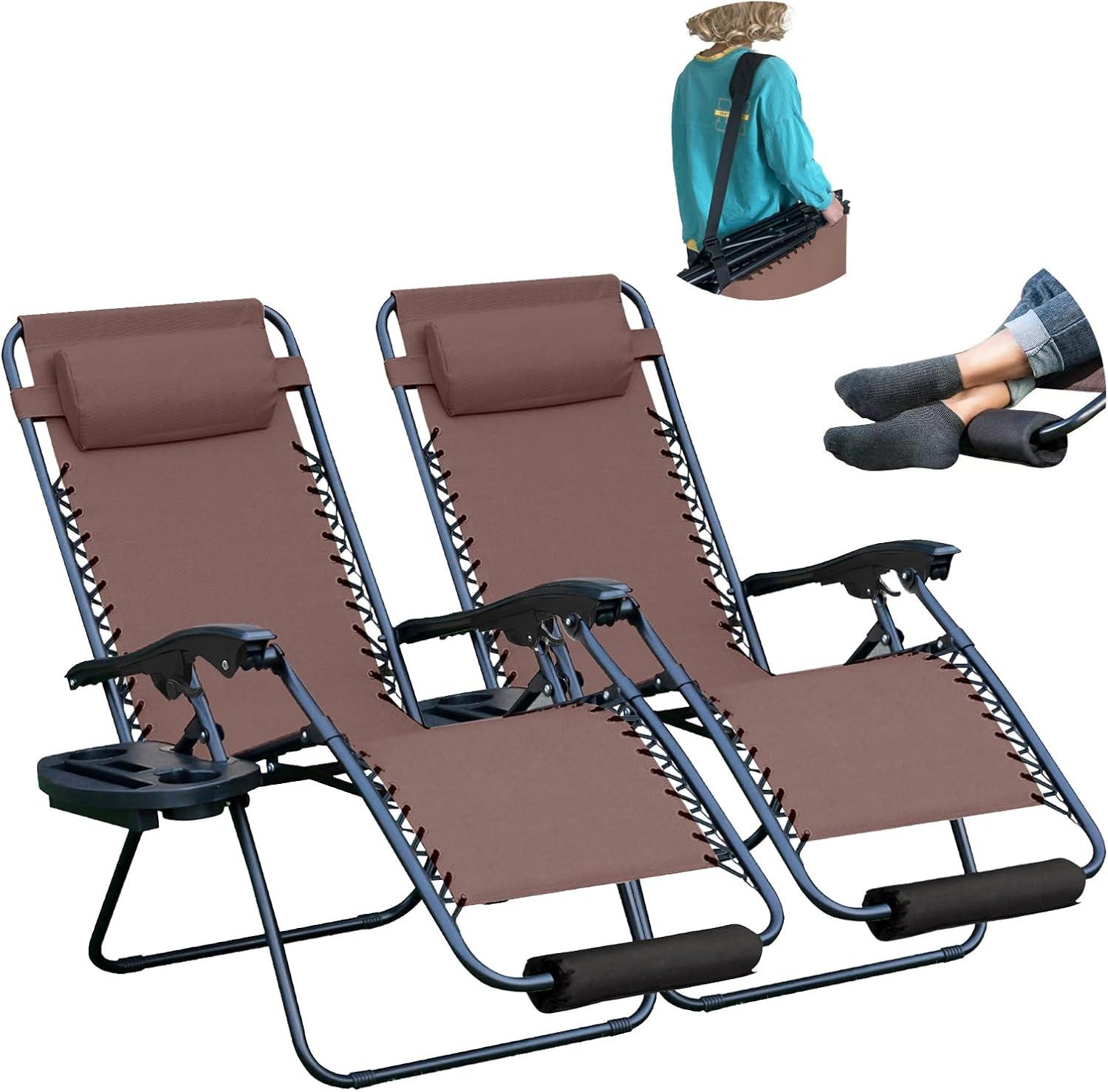 Set Of 2 Adjustable Zero Gravity Patio Chair Recliners W/ Cup Holders