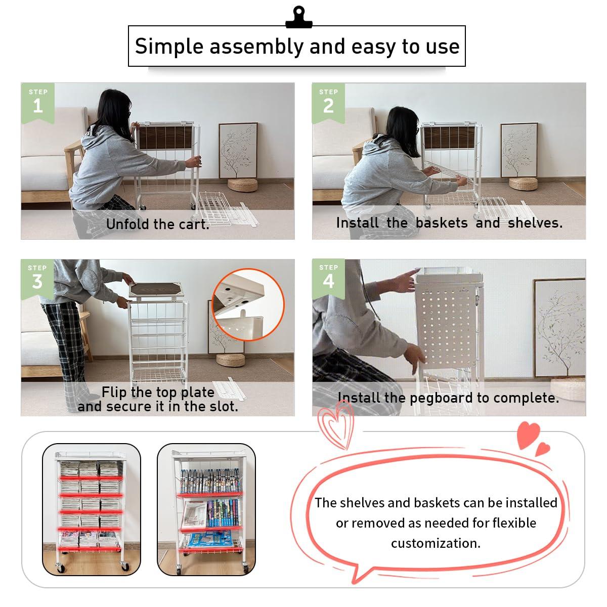 Lumizone Foldable Book Cart 6-Tier Large Capacity Bookshelf Single Sided V-Shaped Sloped Shelves With brake Wheels With PegBoard Slim Rolling Utility Cart Storage Rack, Home Shelves and Office(Black)